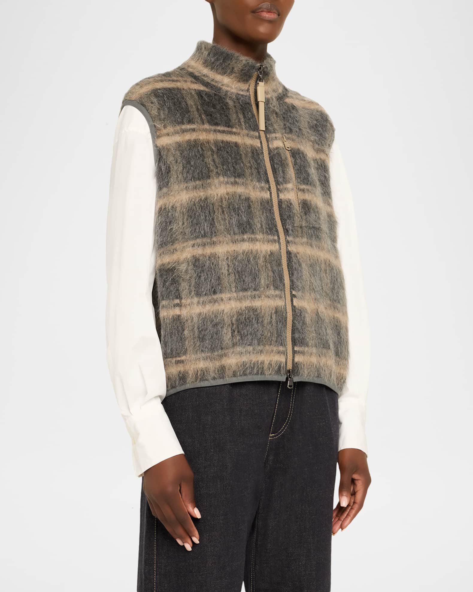 Brunello Cucinelli Fuzzy Check Wool-Mohair Zip Vest | Neiman Marcus