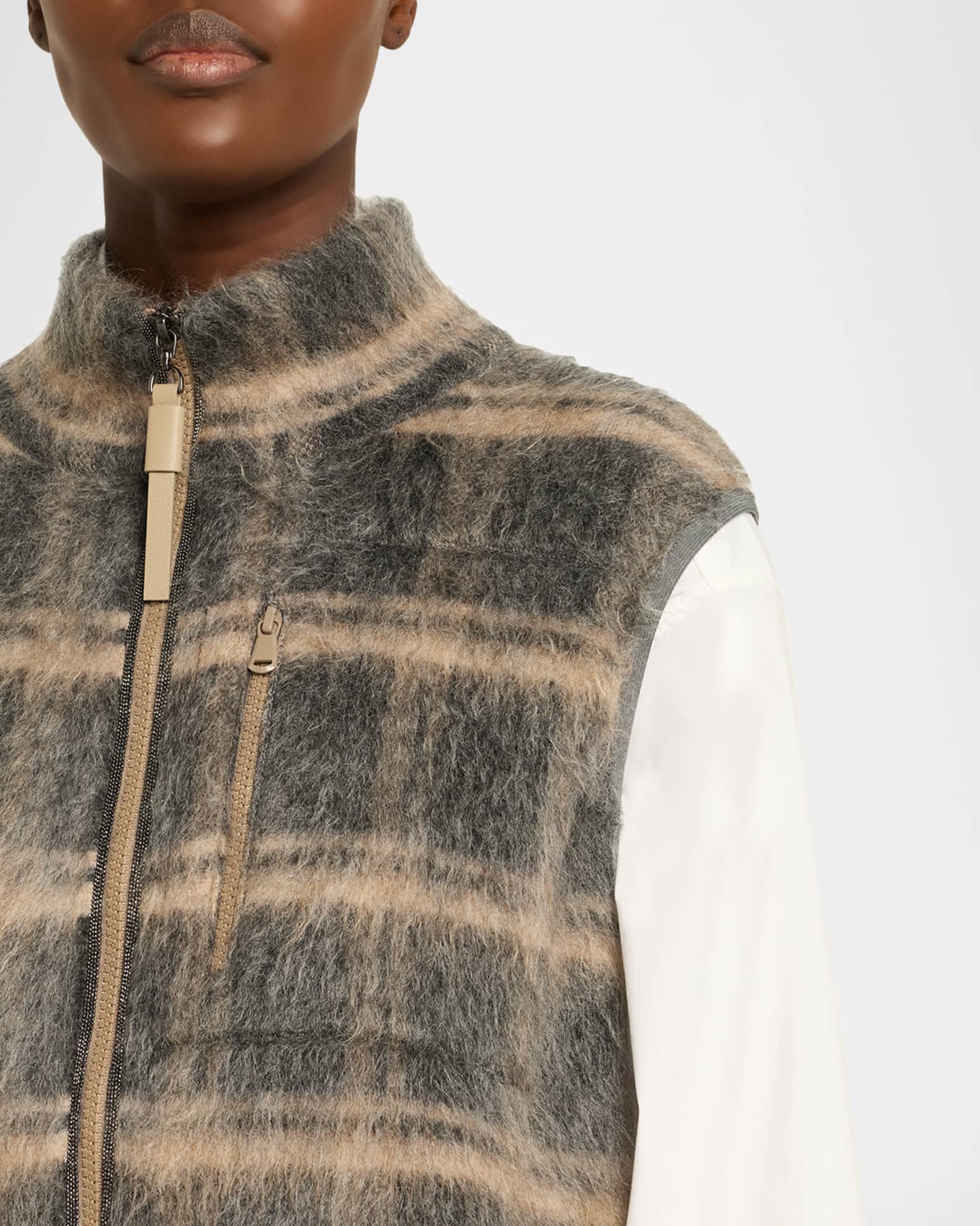 Brunello Cucinelli Fuzzy Check Wool-Mohair Zip Vest | Neiman Marcus