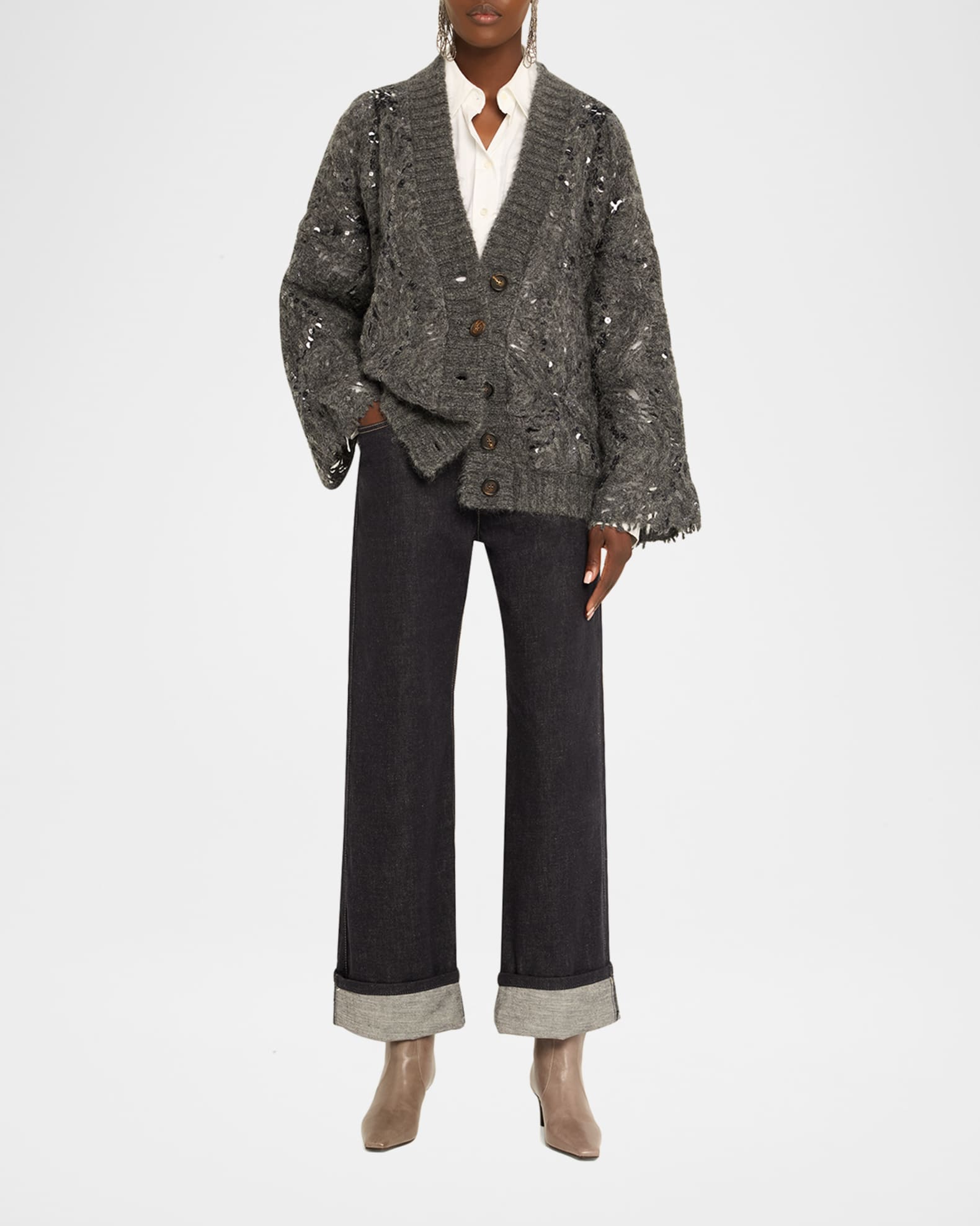 Brunello Cucinelli Dark-Wash Wide-Leg Cuffed Jeans | Neiman Marcus