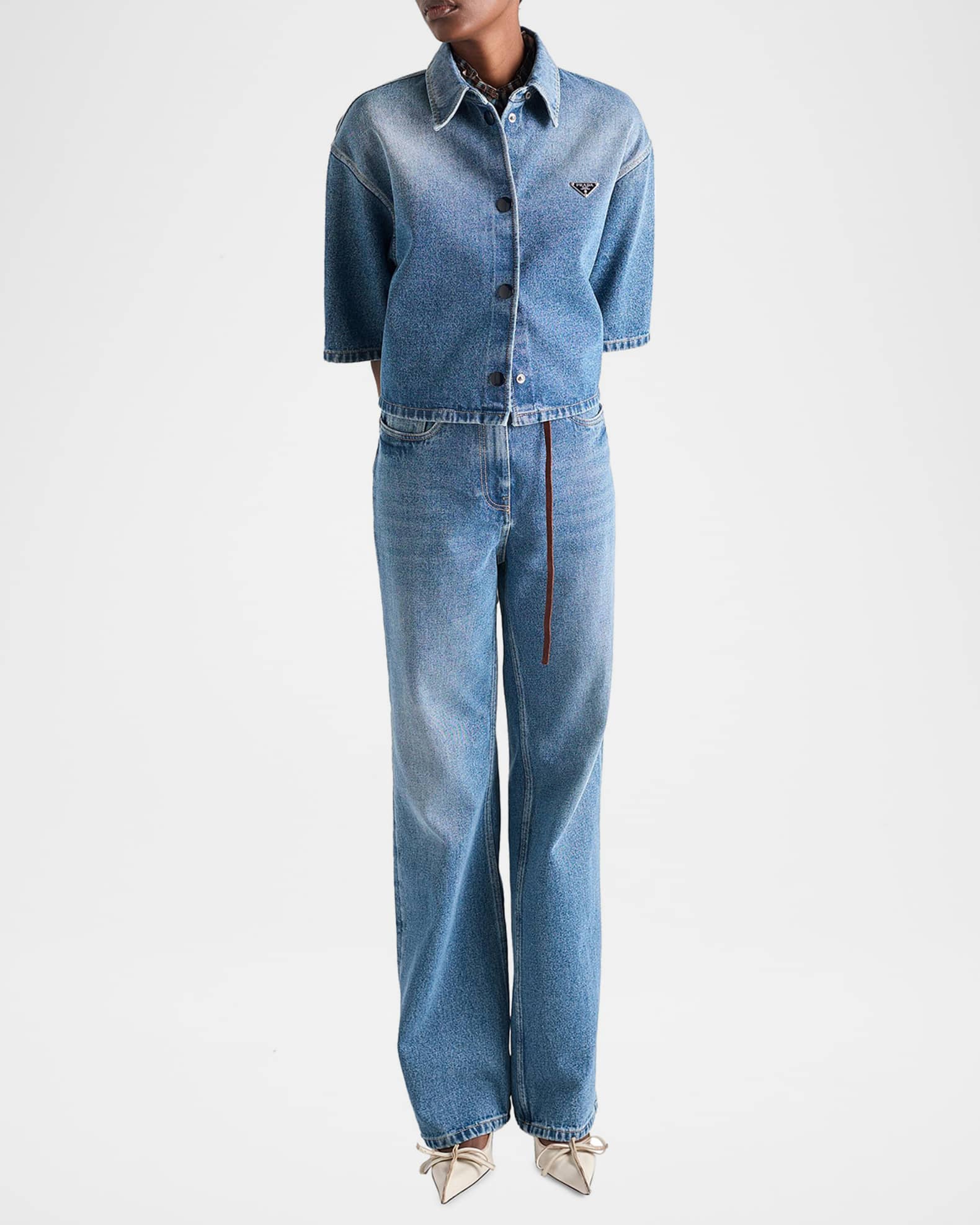 Prada Short-Sleeve Cropped Denim Shirt | Neiman Marcus