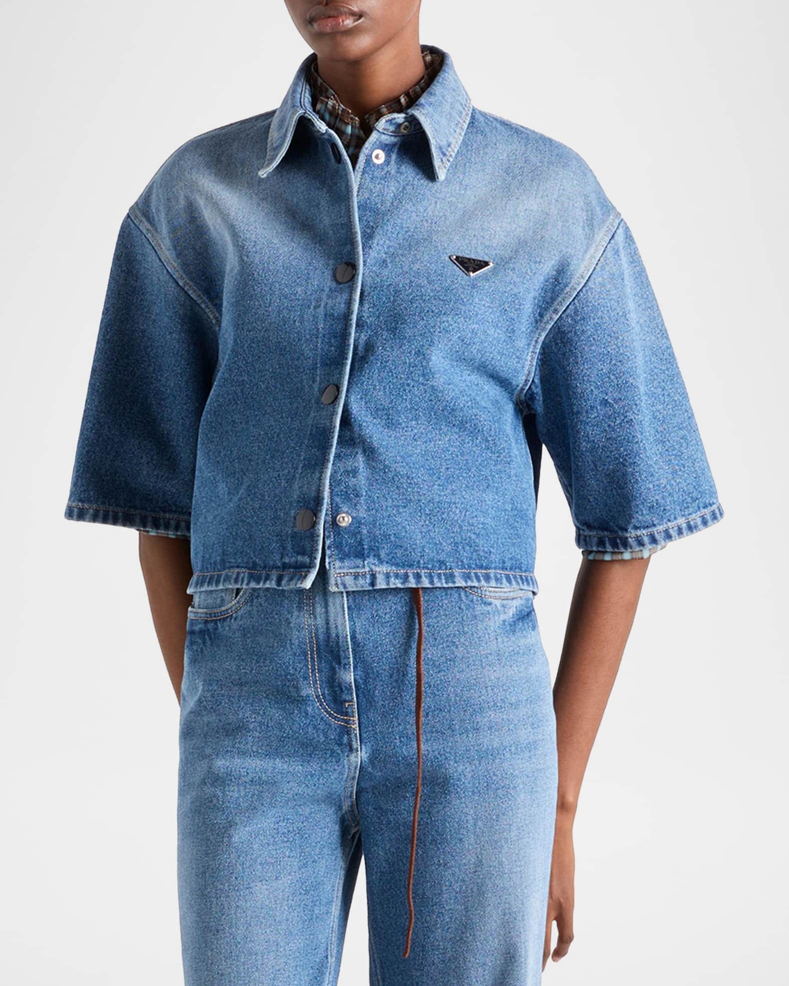 Prada Short-Sleeve Cropped Denim Shirt | Neiman Marcus