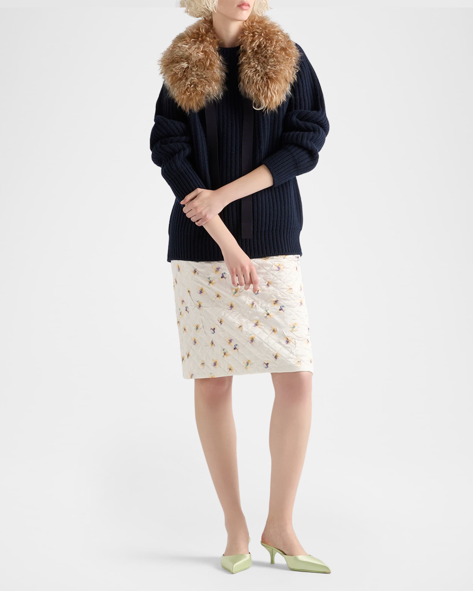 Prada Floral-Print Quilted Satin Skirt | Neiman Marcus