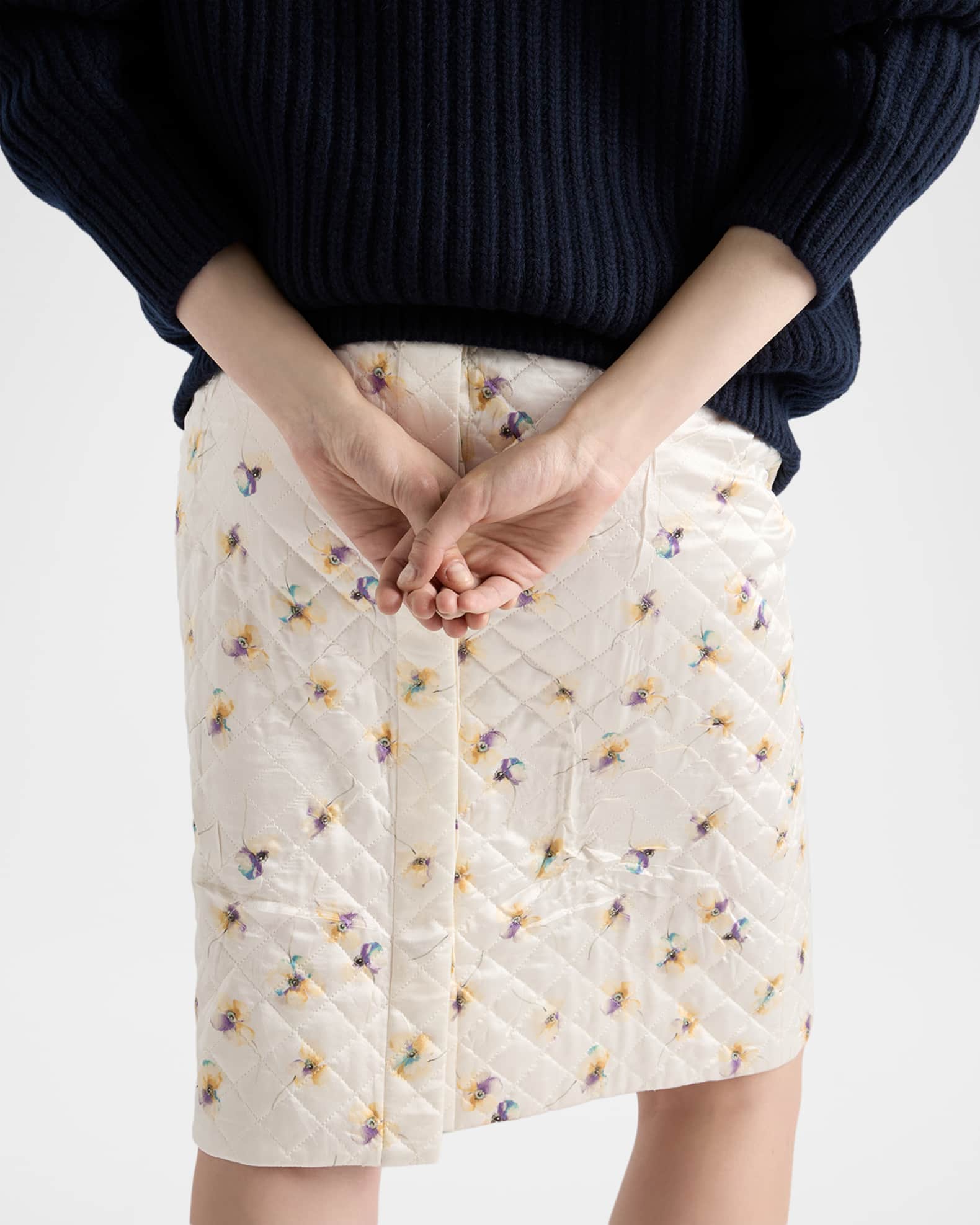 Prada Floral-Print Quilted Satin Skirt | Neiman Marcus