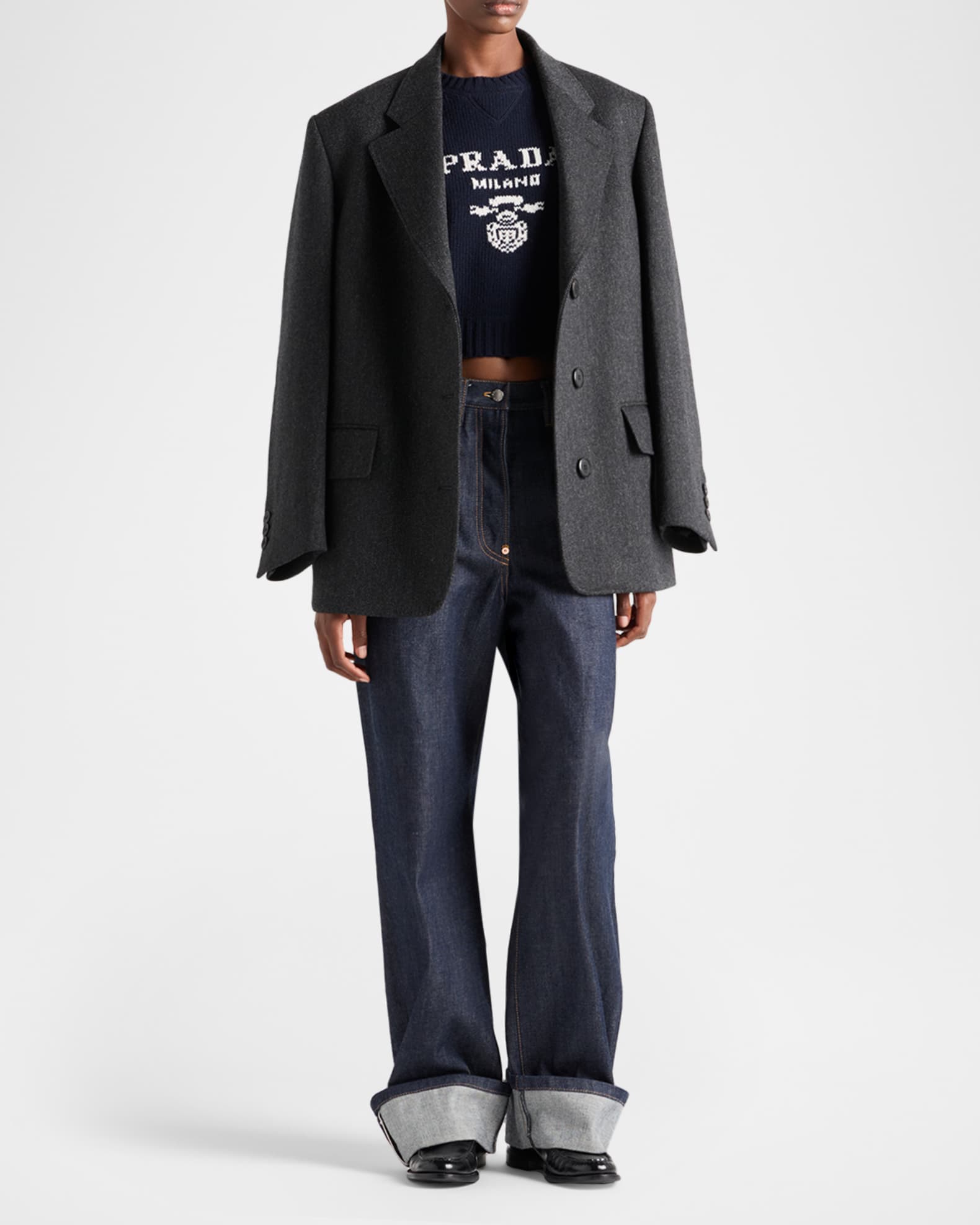 Prada Logo Knit Wool-Cashmere Crewneck Sweater | Neiman Marcus