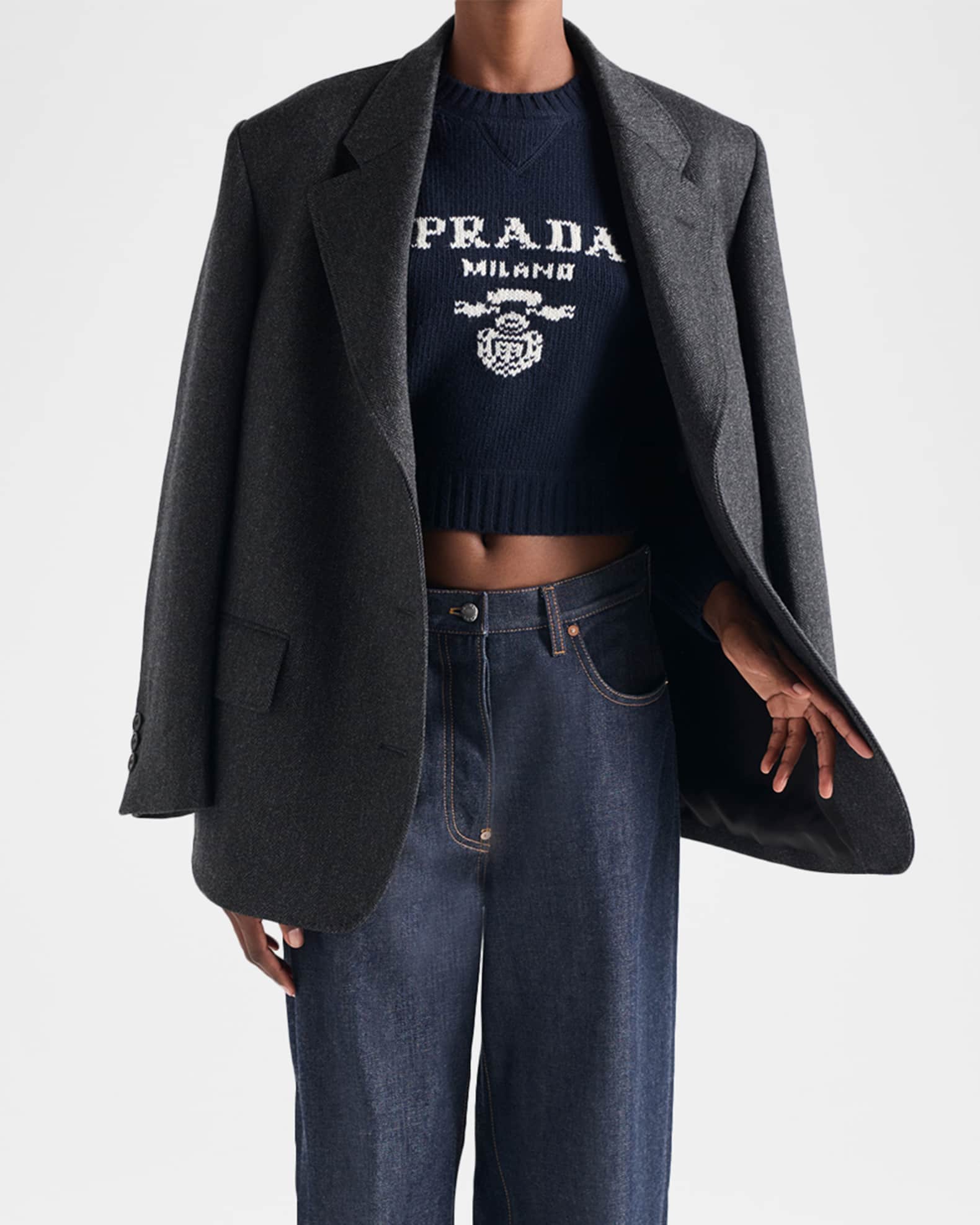 PRADA SPORT / 2010/袖ロゴ/ニットテーラードジャケット/48/ウール/GRY/SMC305 Prada Logo Knit Wool-Cashmere Crewneck Sweater | Neiman Marcus