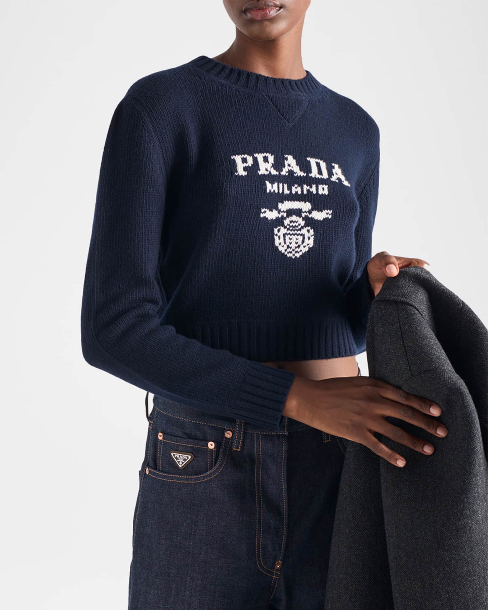 Prada Logo Knit Wool-Cashmere Crewneck Sweater | Neiman Marcus