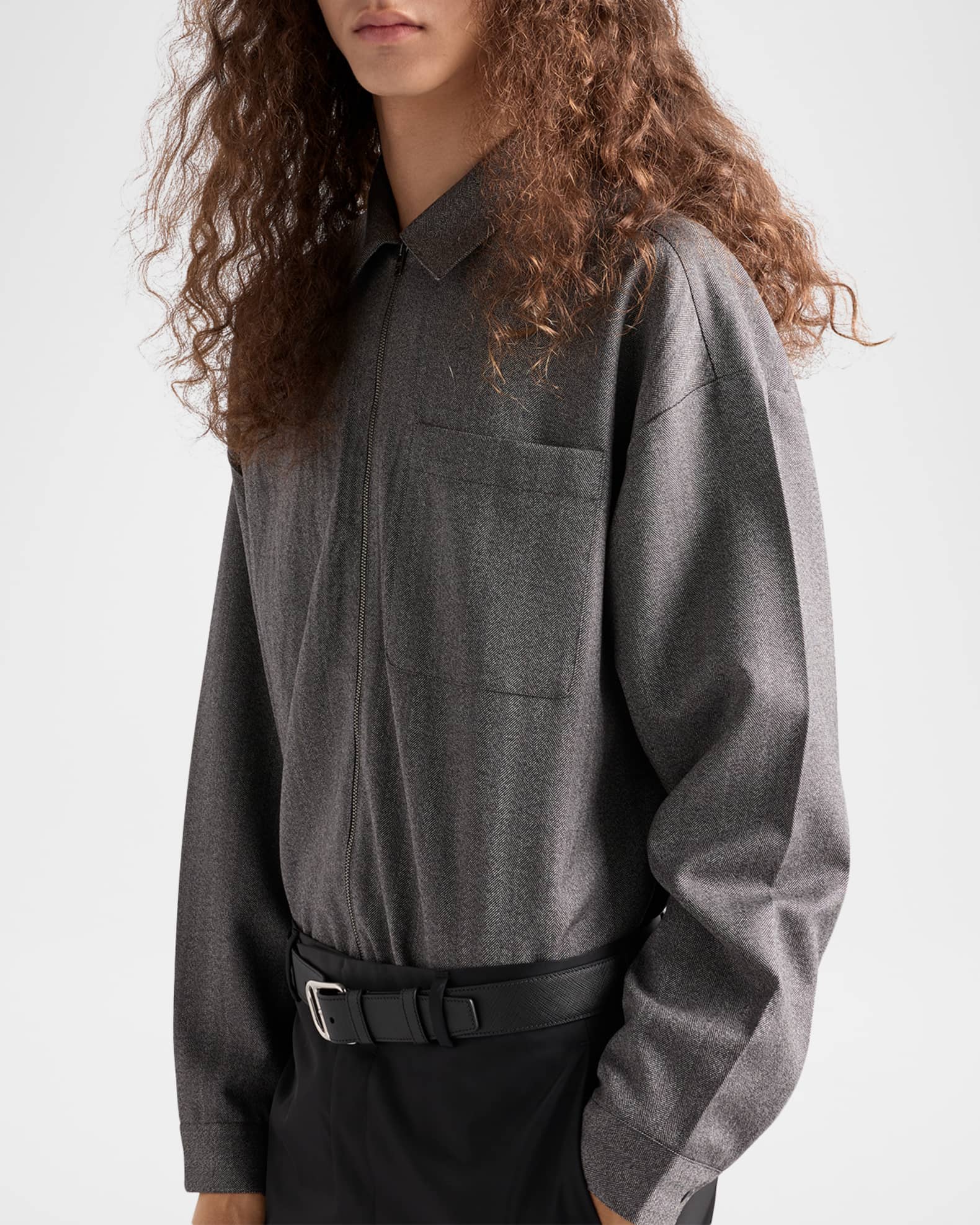 Prada Men's Wool Zipper Collared Shirt | Neiman Marcus