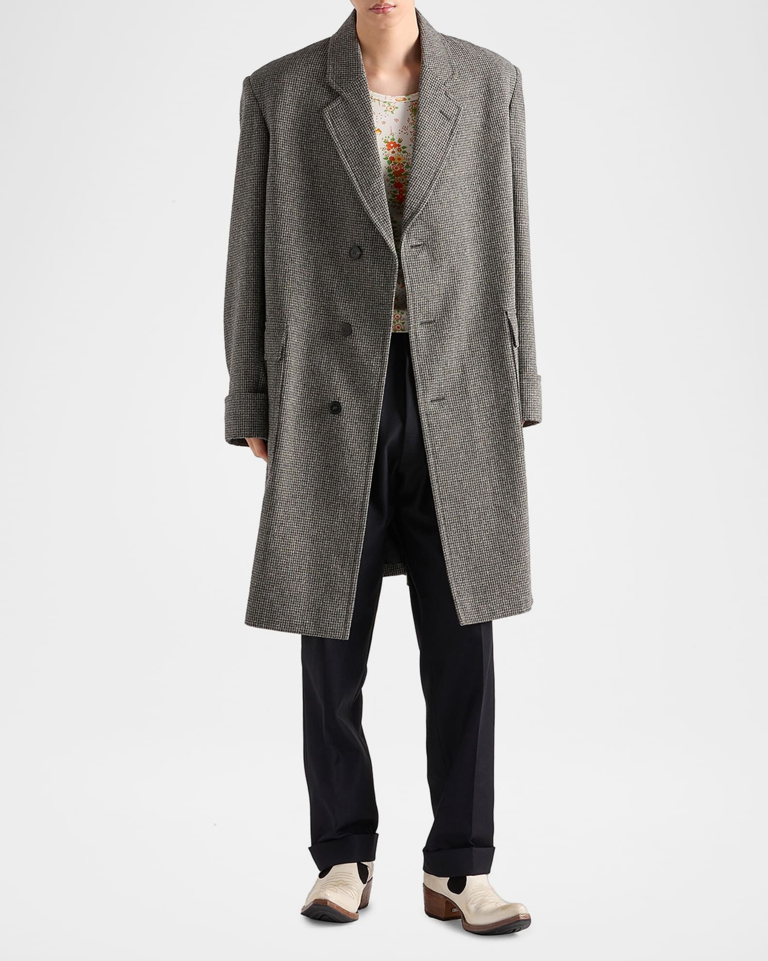 Prada Men's Single-Breasted Houndstooth Check Wool Coat