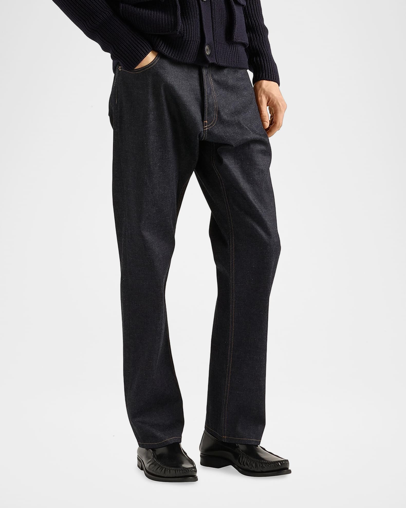 パンツ PRADA 2015SS Leather Trim Denim Pants Prada Men's Raw Denim Jeans With Leather Strap | Neiman Marcus