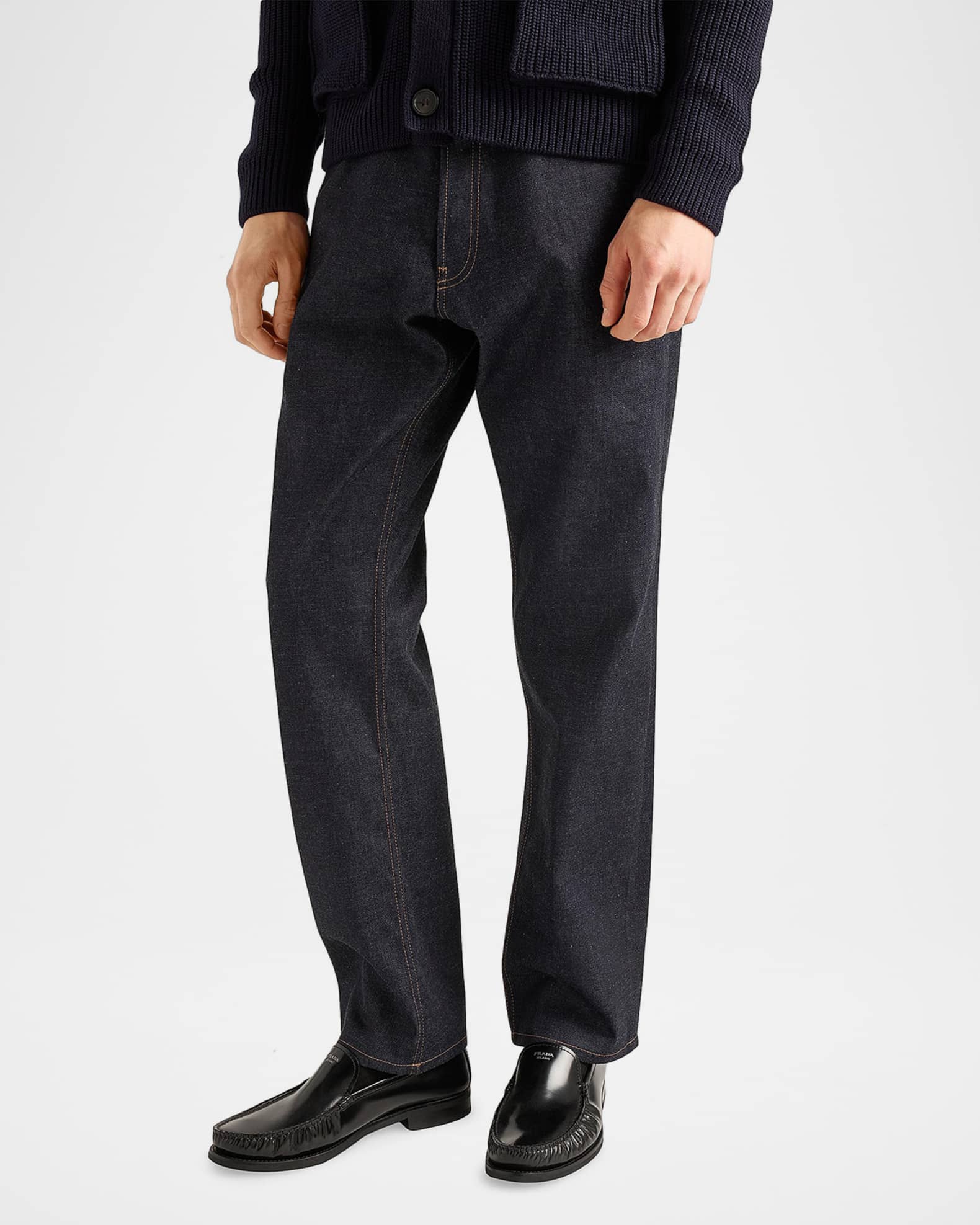 Prada Men's Raw Denim Jeans With Leather Strap | Neiman Marcus