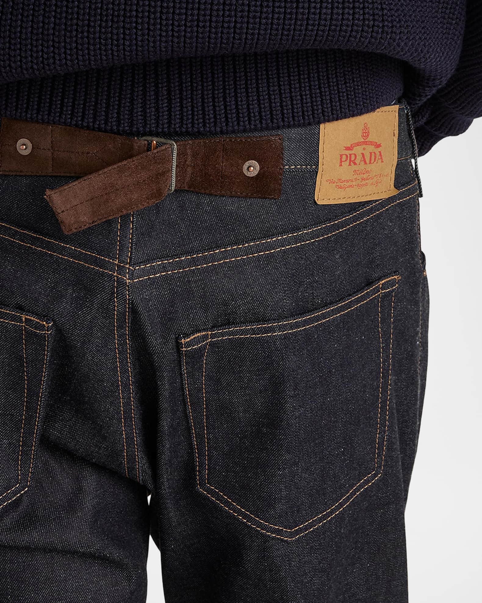 Prada Men's Raw Denim Jeans With Leather Strap | Neiman Marcus