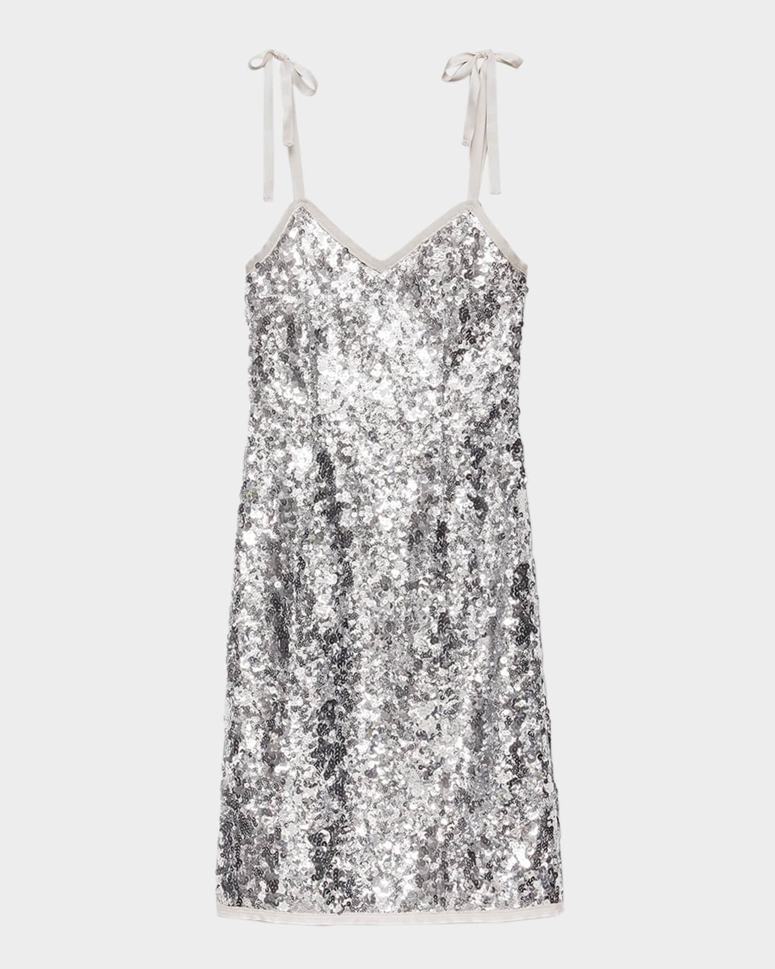 Embroidered Sequin Tie-Shoulder Midi Dress 0