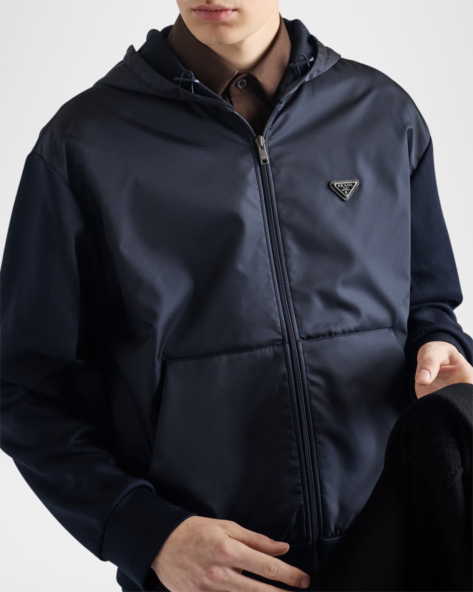 Prada Men's Technical Cotton and Re-Nylon Hoodie | Neiman Marcus