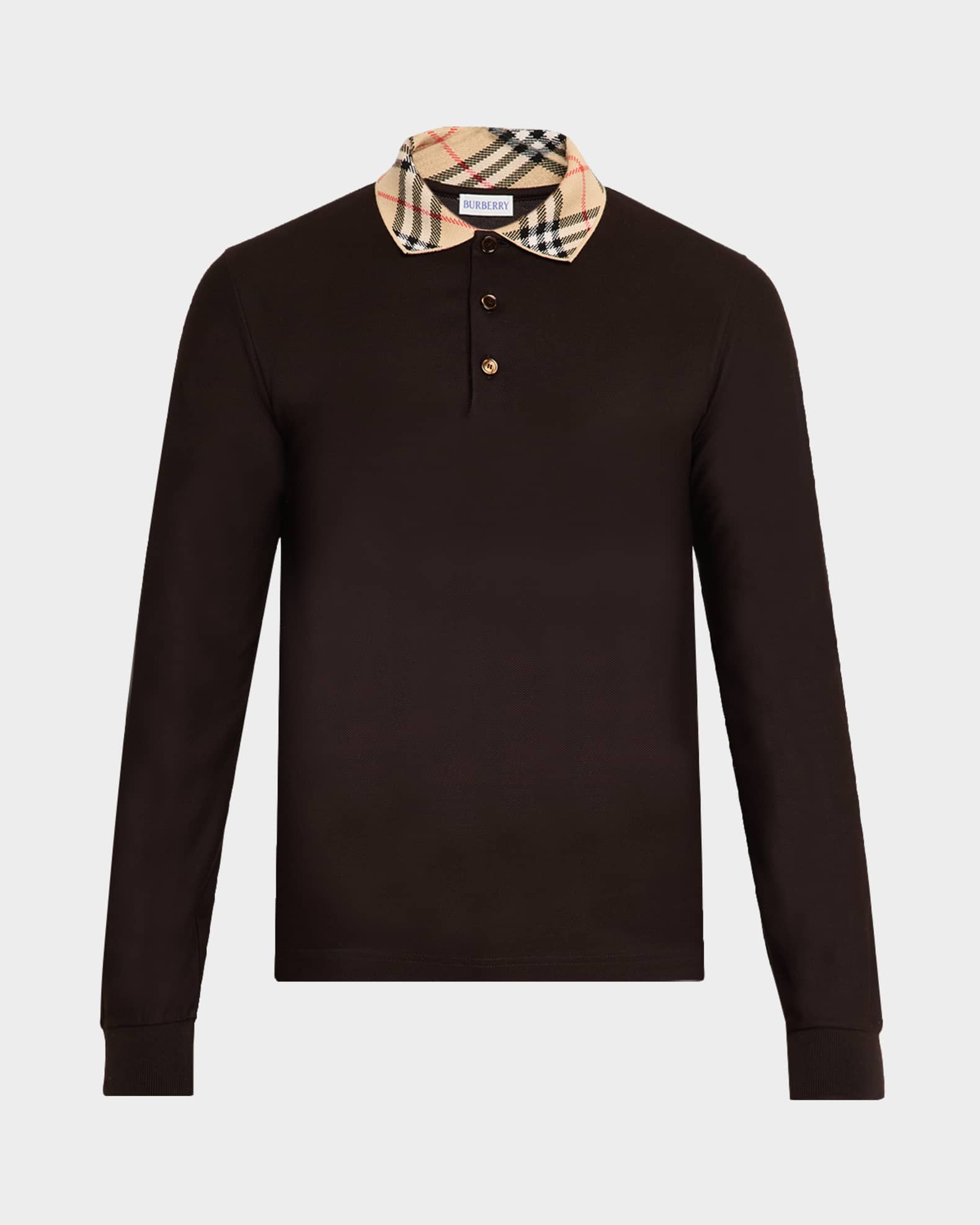 Burberry Men's Slim Cotton Check-Collar Long-Sleeve Polo Shirt