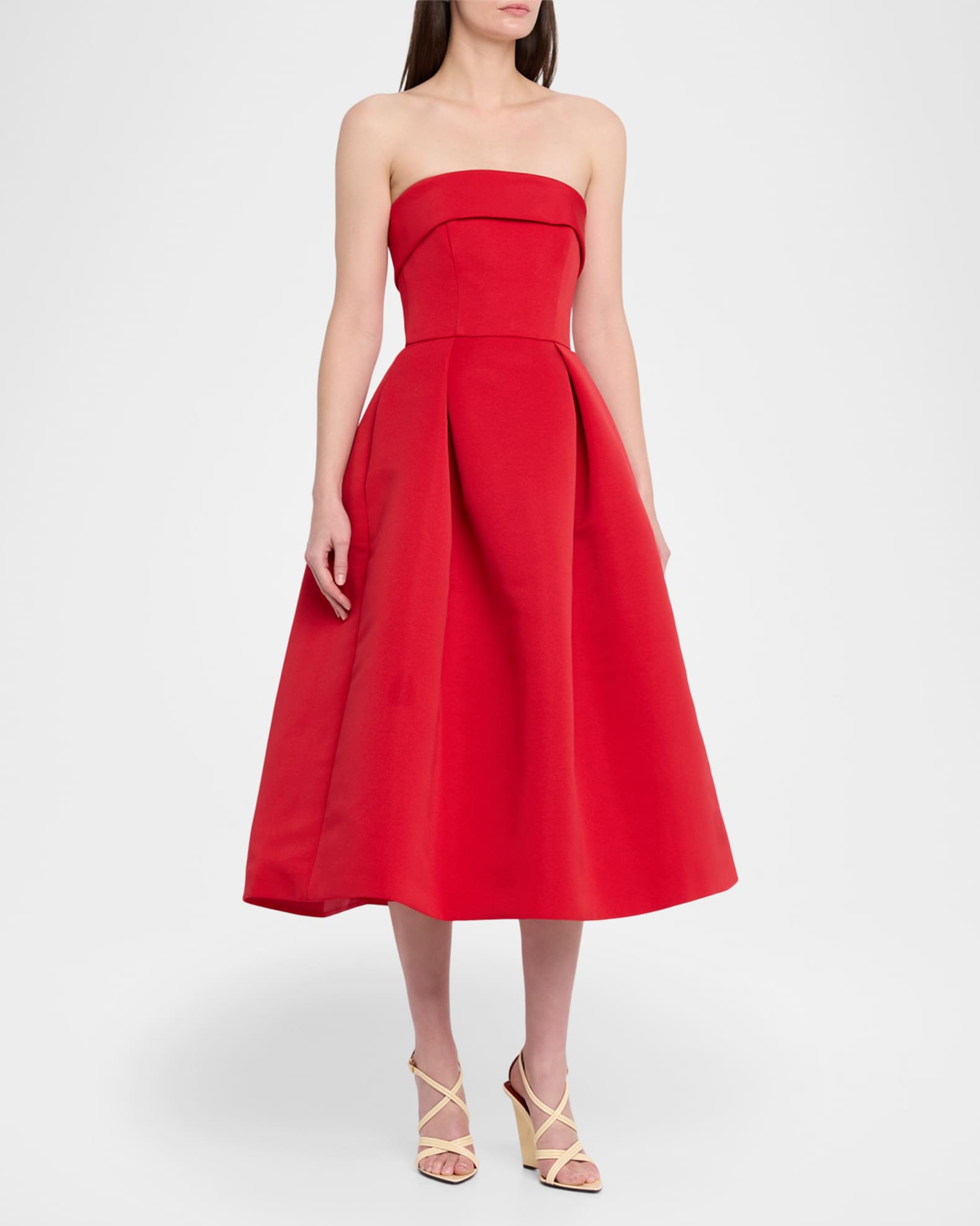 Amsale Foldover Strapless Faille Pleated Midi Dress | Neiman Marcus
