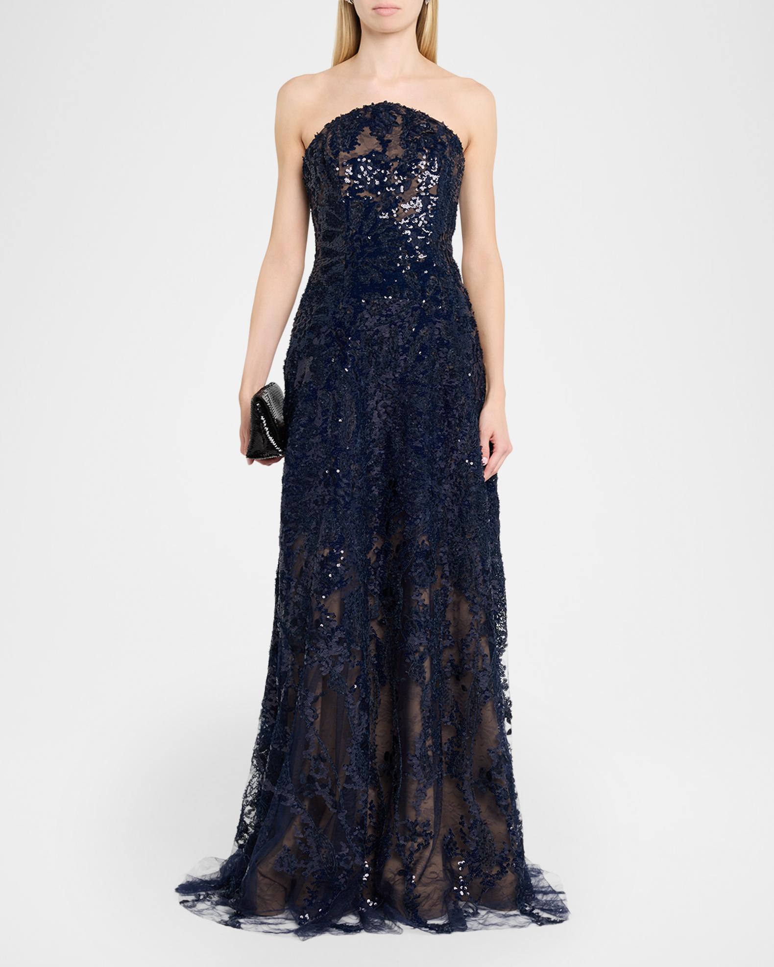 Rene Ruiz Collection Strapless Floral Sequin A-Line Gown | Neiman Marcus