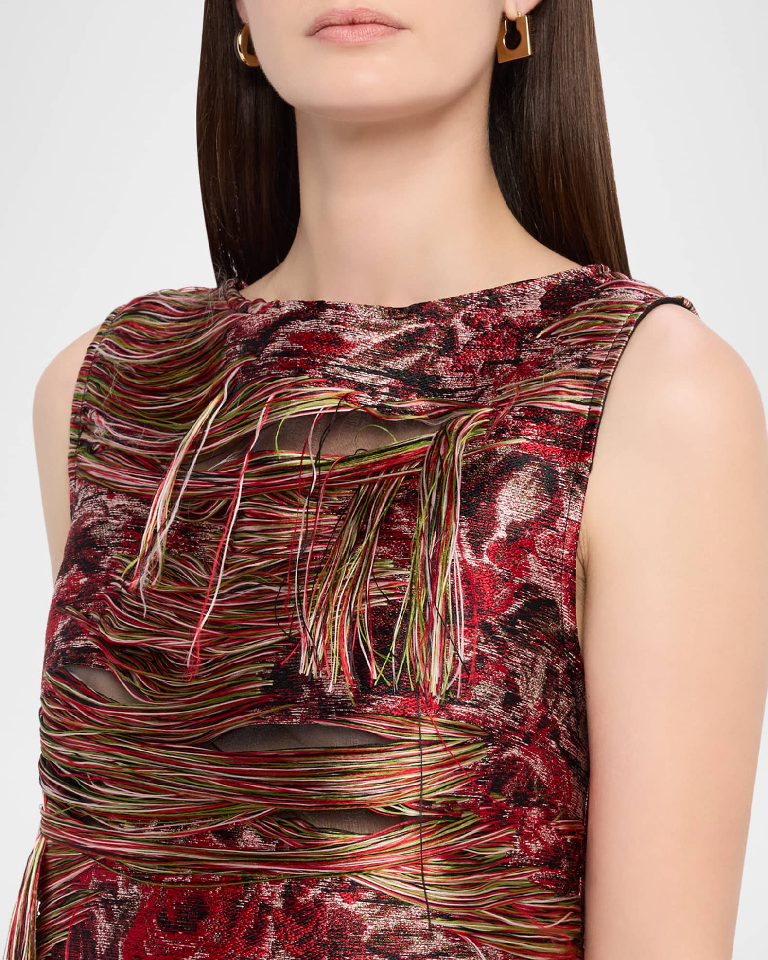Ganni Fringed Tapestry Organza Mini Dress in Red - Size 34