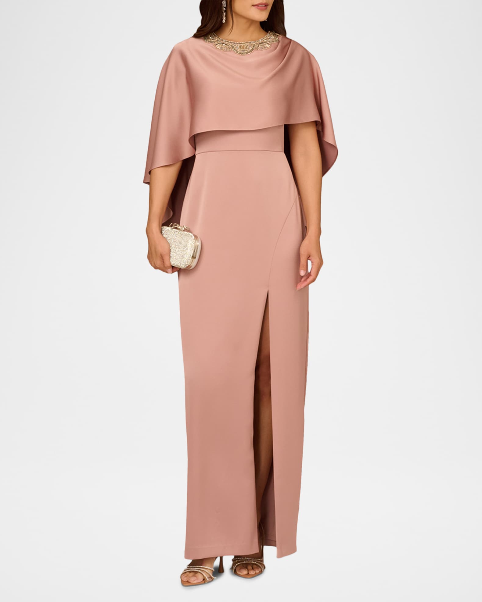 Aidan Mattox Beaded Cape Crepe Back Satin Gown | Neiman Marcus