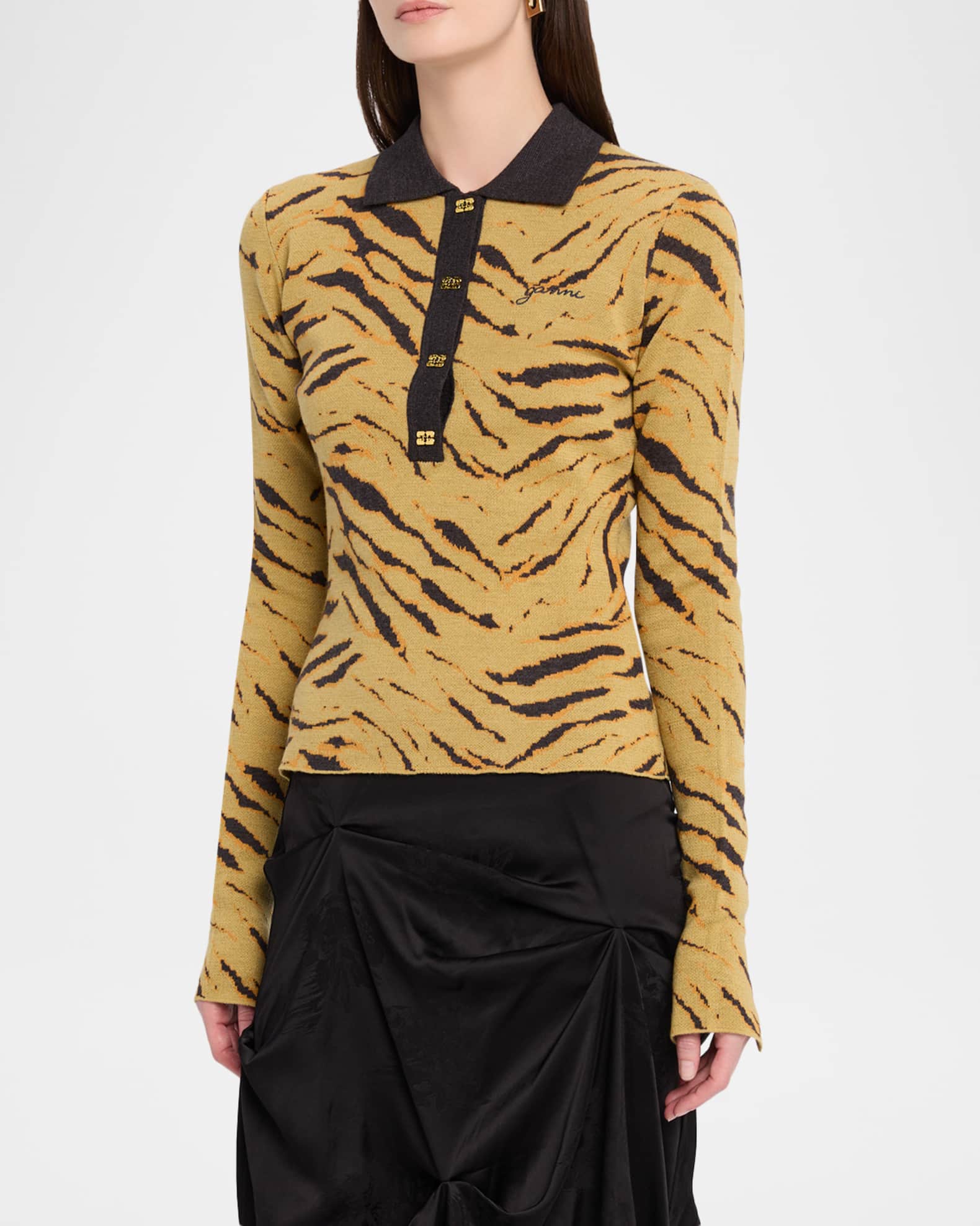 Ganni Fine Merino Jacquard Tiger Polo Sweater | Neiman Marcus