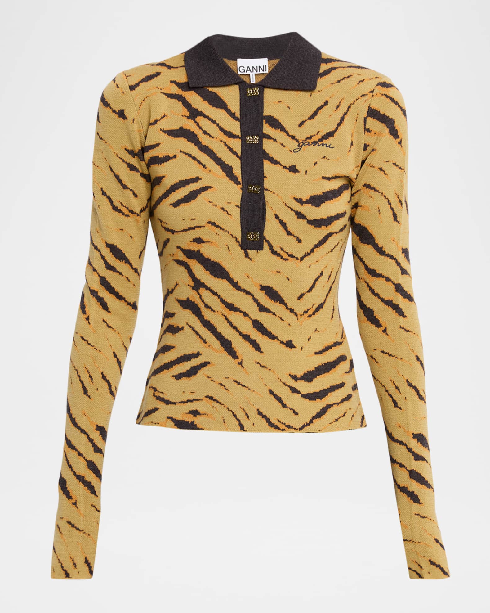 Ganni Fine Merino Jacquard Tiger Polo Sweater | Neiman Marcus