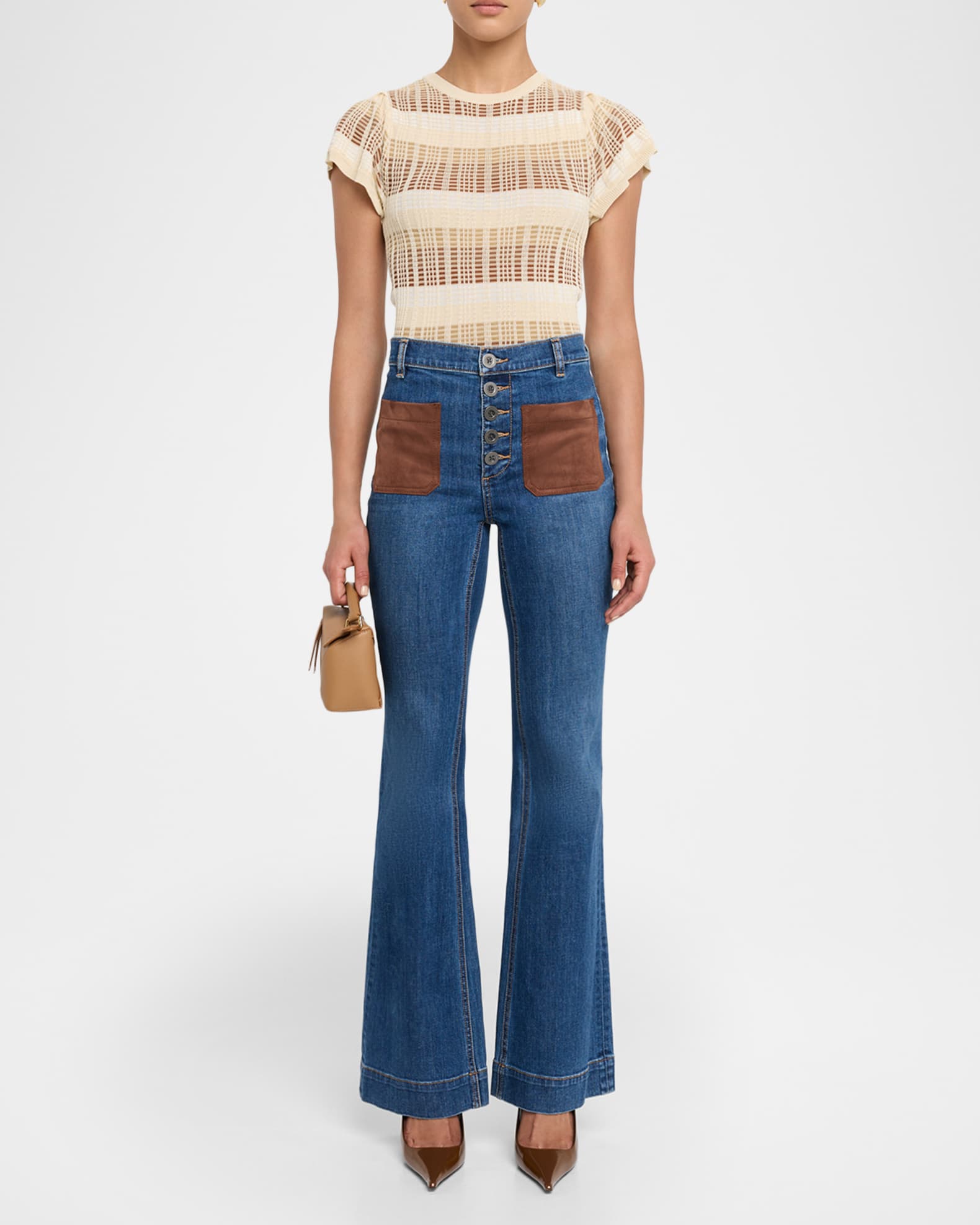 トップス Rebecca Ramy Brook Rebecca Striped Flutter-Sleeve Knit Top | Neiman Marcus