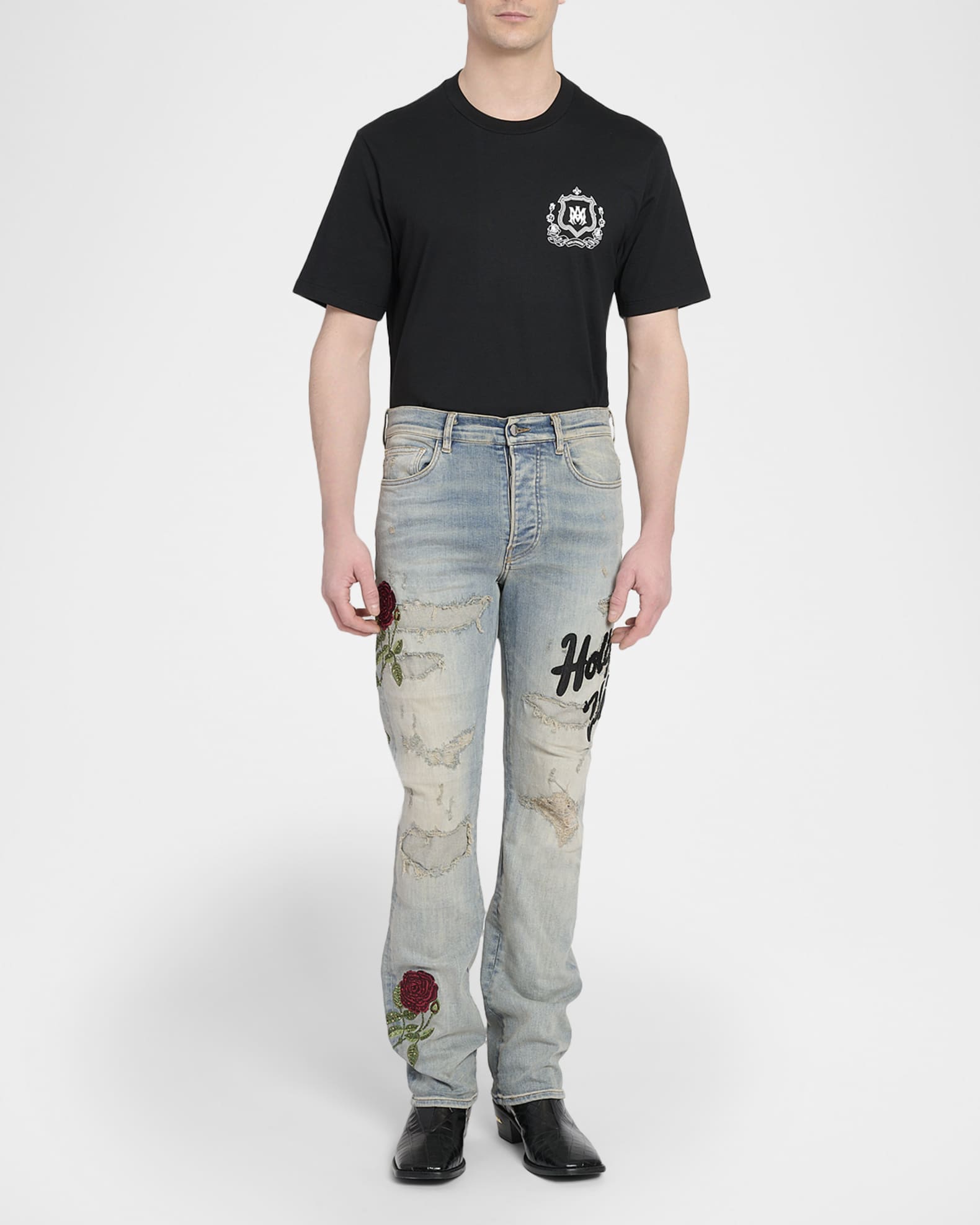 Arminページ Amiri Men's Floral Sequin Repaired Slim-Fit Jeans | Neiman Marcus