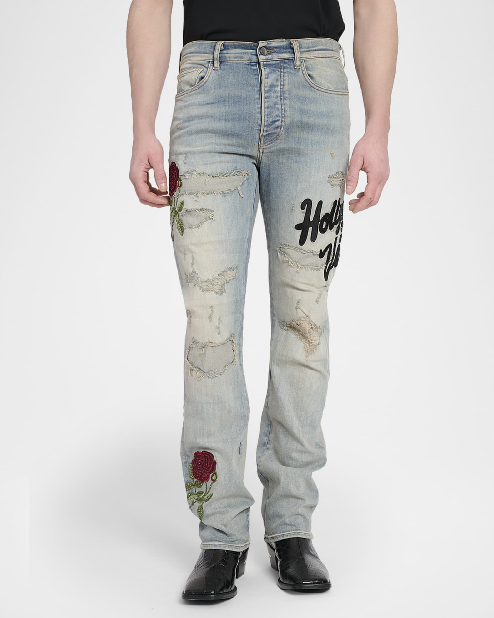 ayaminnie ページ Amiri Men's Floral Sequin Repaired Slim-Fit Jeans | Neiman Marcus