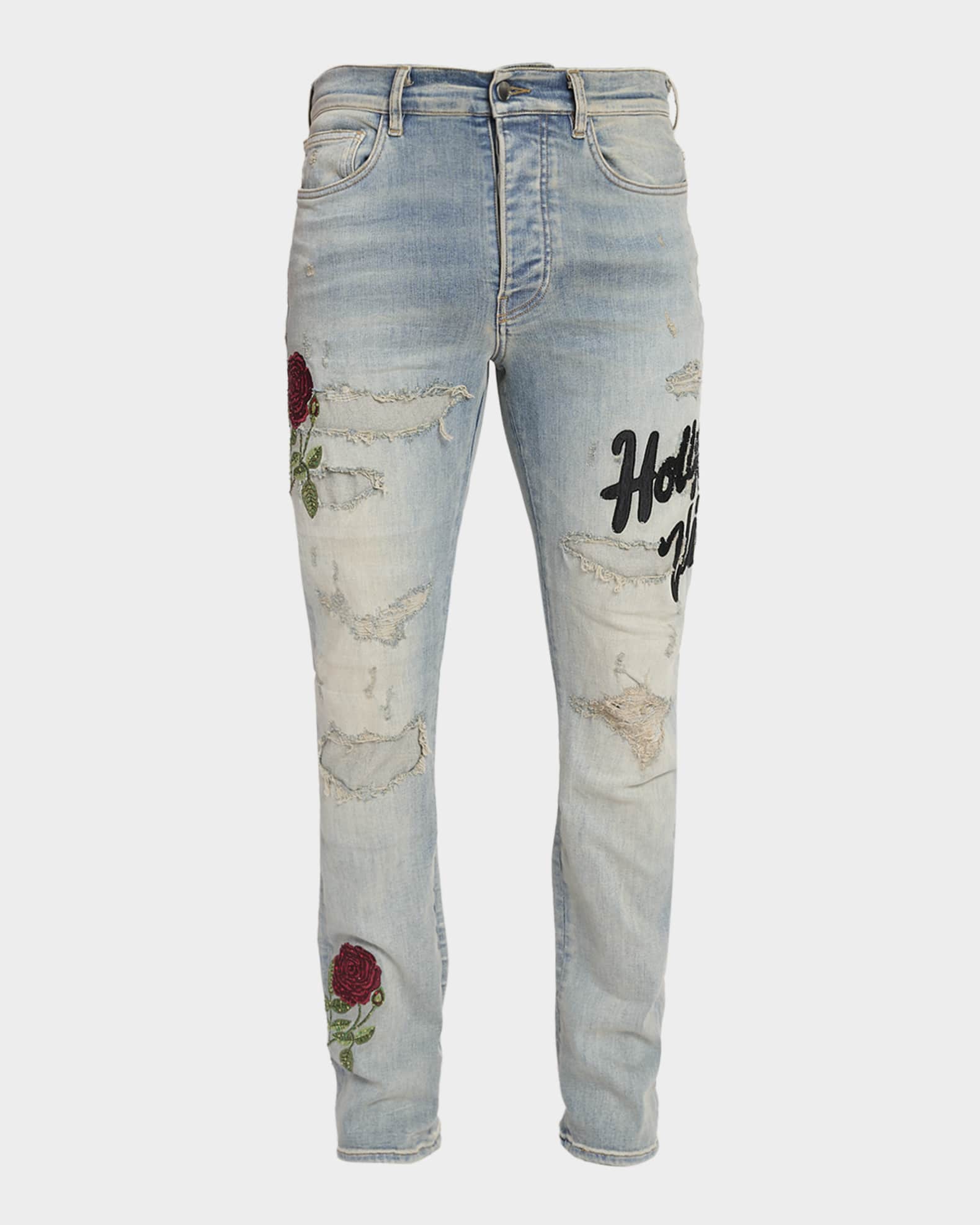 Amiri Men's Floral Sequin Repaired Slim-Fit Jeans | Neiman Marcus