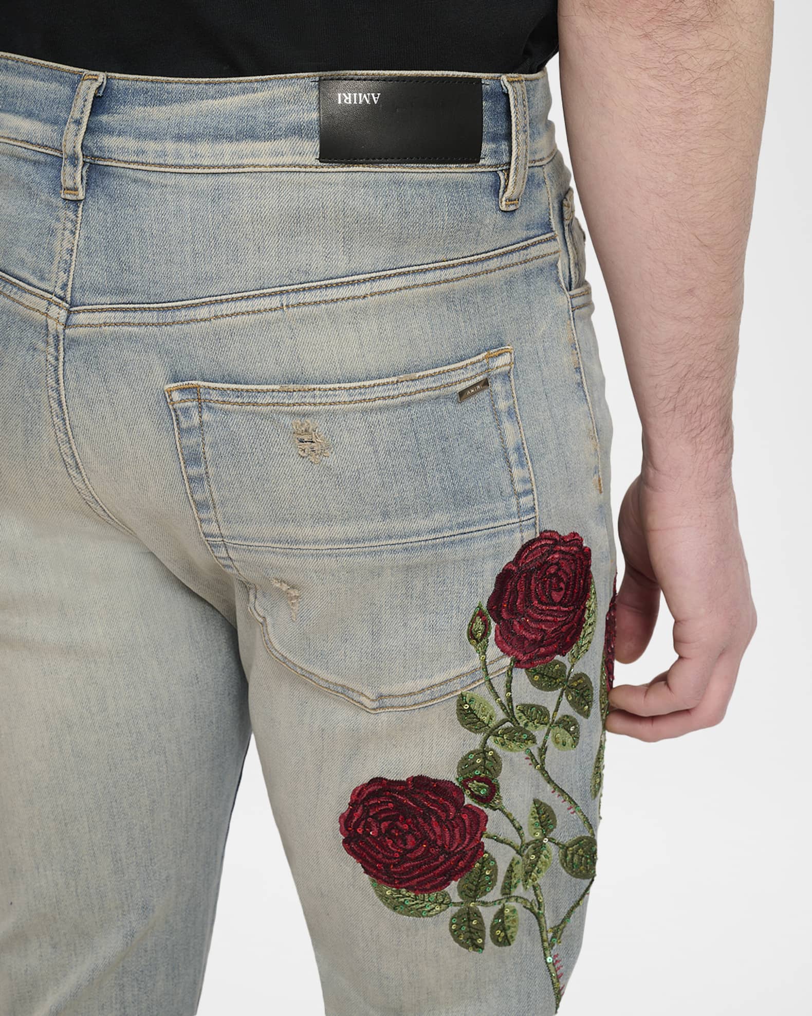 ayaminnie ページ Amiri Men's Floral Sequin Repaired Slim-Fit Jeans | Neiman Marcus