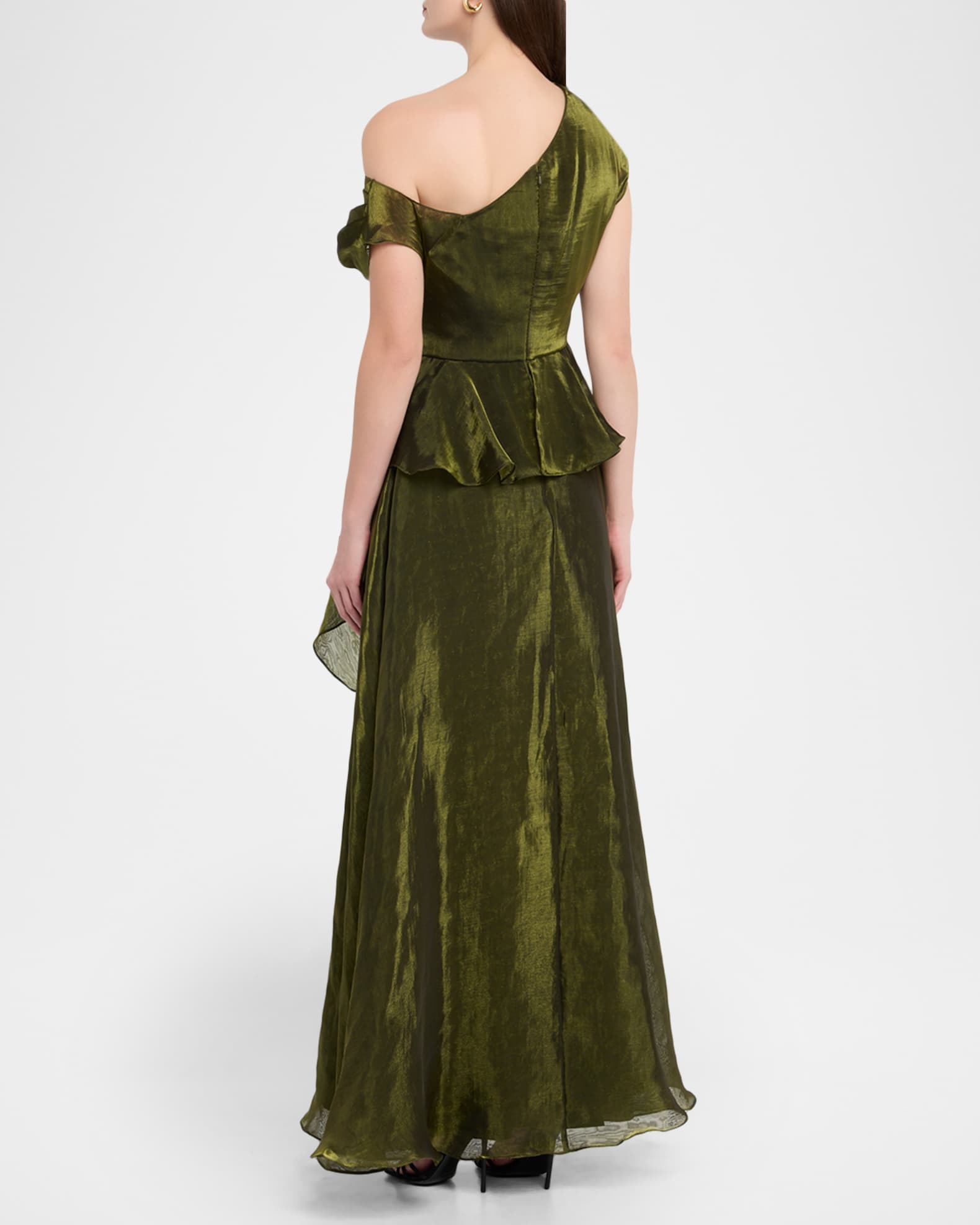 organza green dress High Low Crepe Halter Gown With Organza Draping In Jungle Olive, Jungle Olive / Regular / 20 main image 1