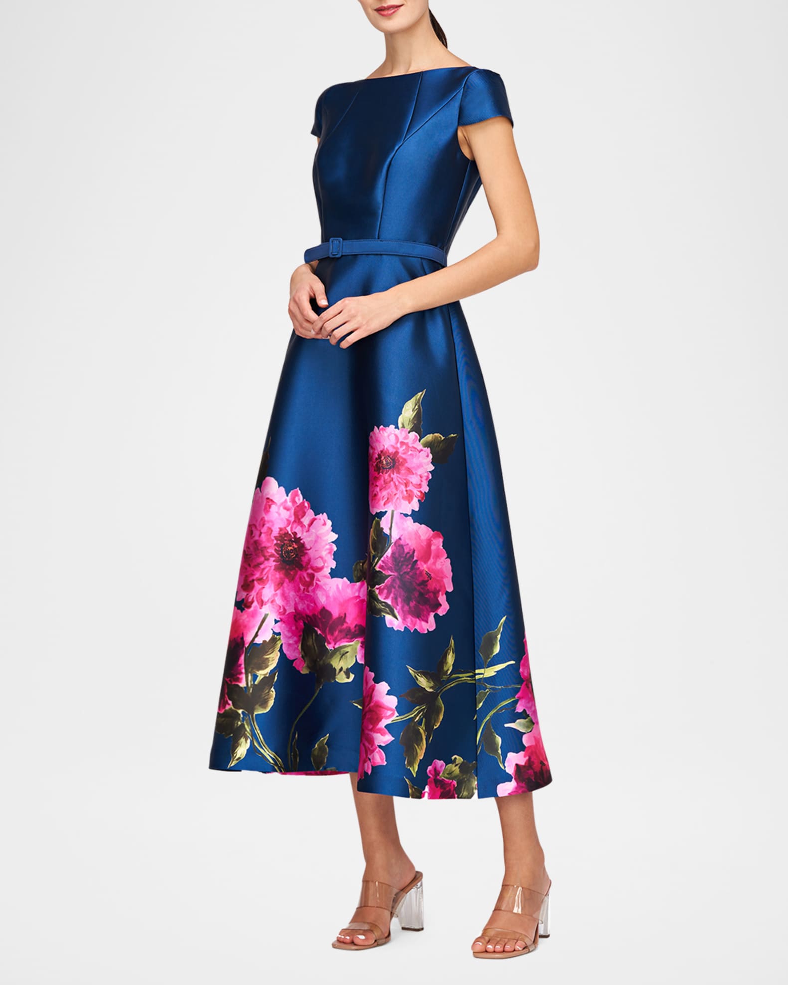 Kay Unger New York Ina Belted Tea-Length Floral Mikado Dress