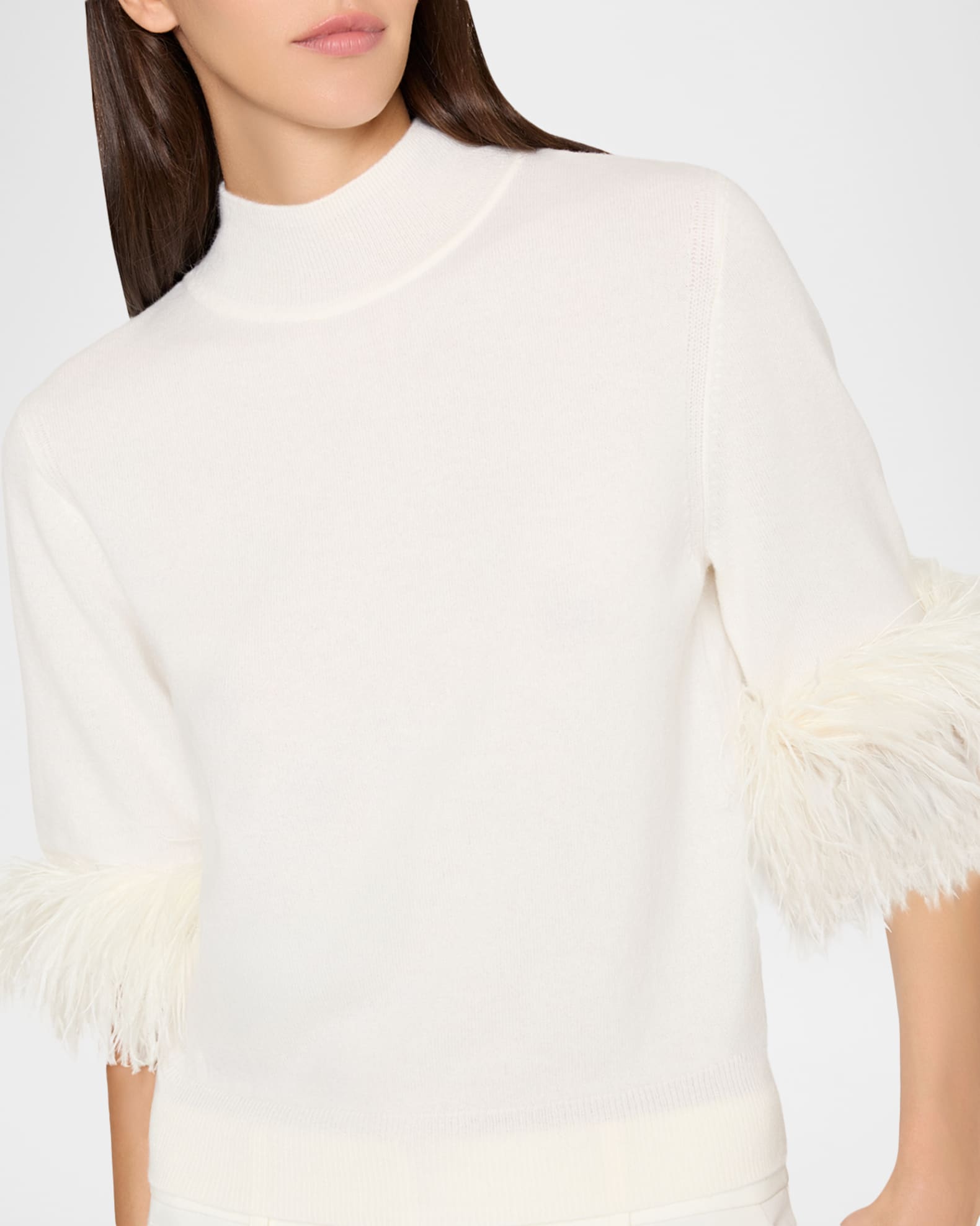 Milly Mock-Neck Feather Cuff Sweater | Neiman Marcus