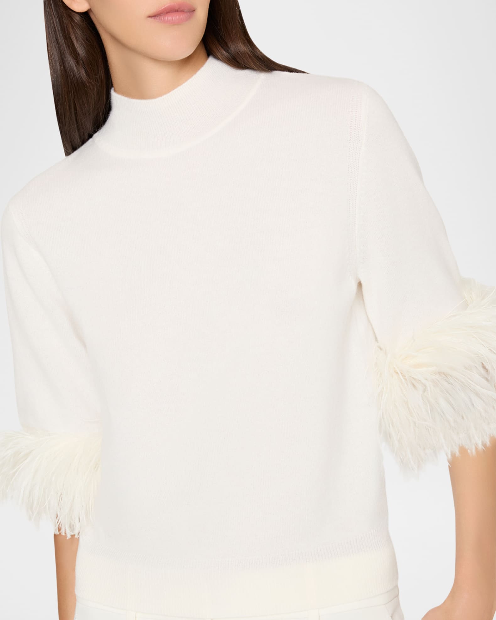 Milly Mock-Neck Feather Cuff Sweater | Neiman Marcus