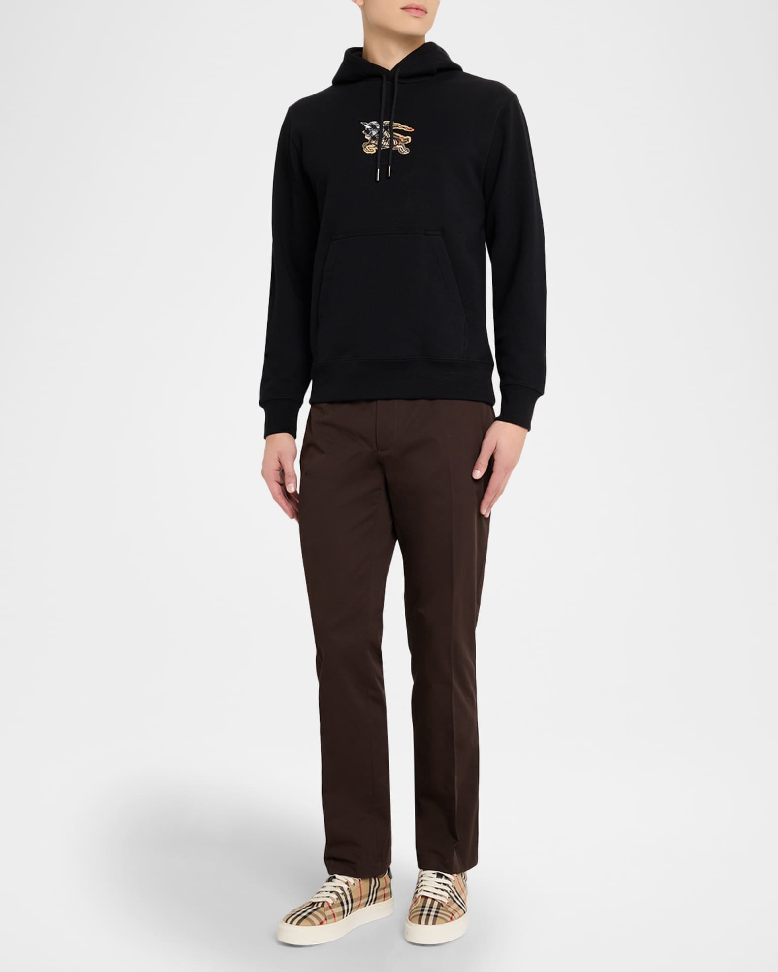 Burberry Men's EKD Check Logo Cotton Slim-Fit Hoodie | Neiman Marcus