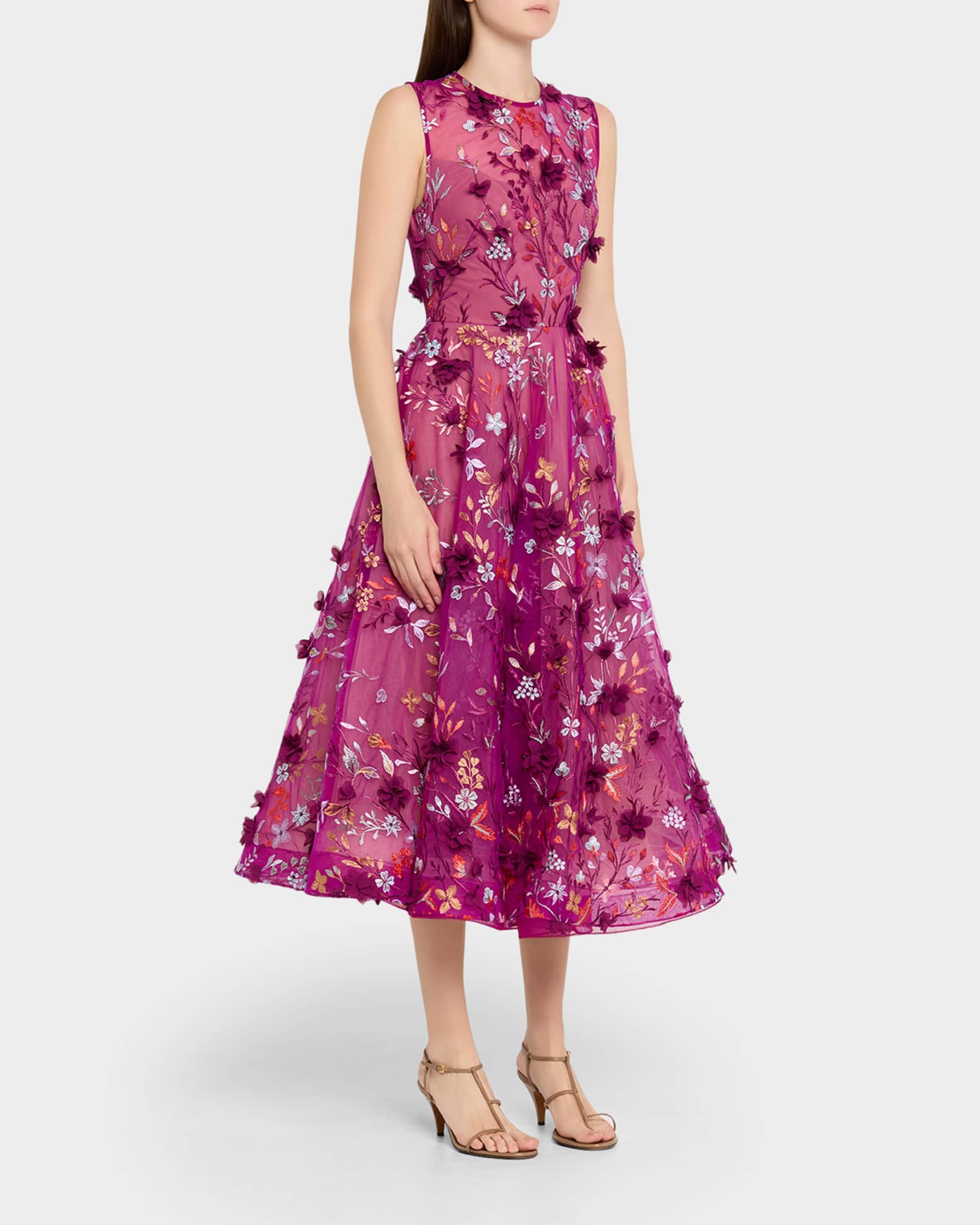 Bronx Banco Saba Floral-Embroidered Sleeveless Midi Dress | Neiman Marcus