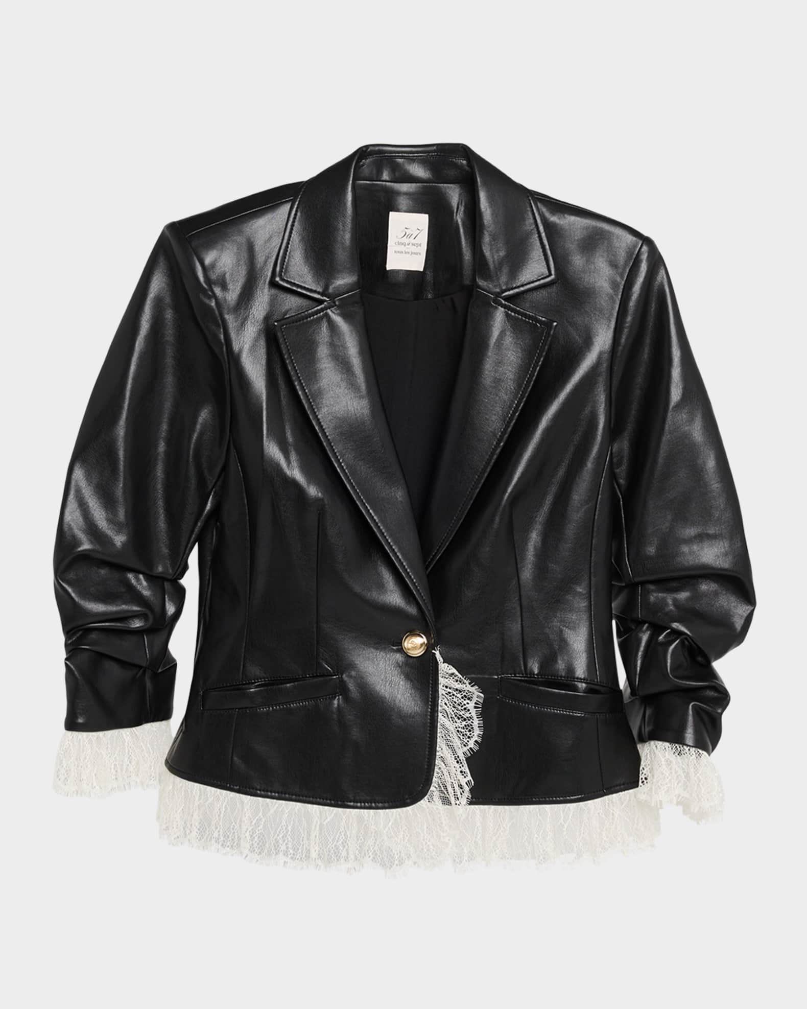 Cinq a Sept Lace-Trim Vegan Leather Blazer | Neiman Marcus