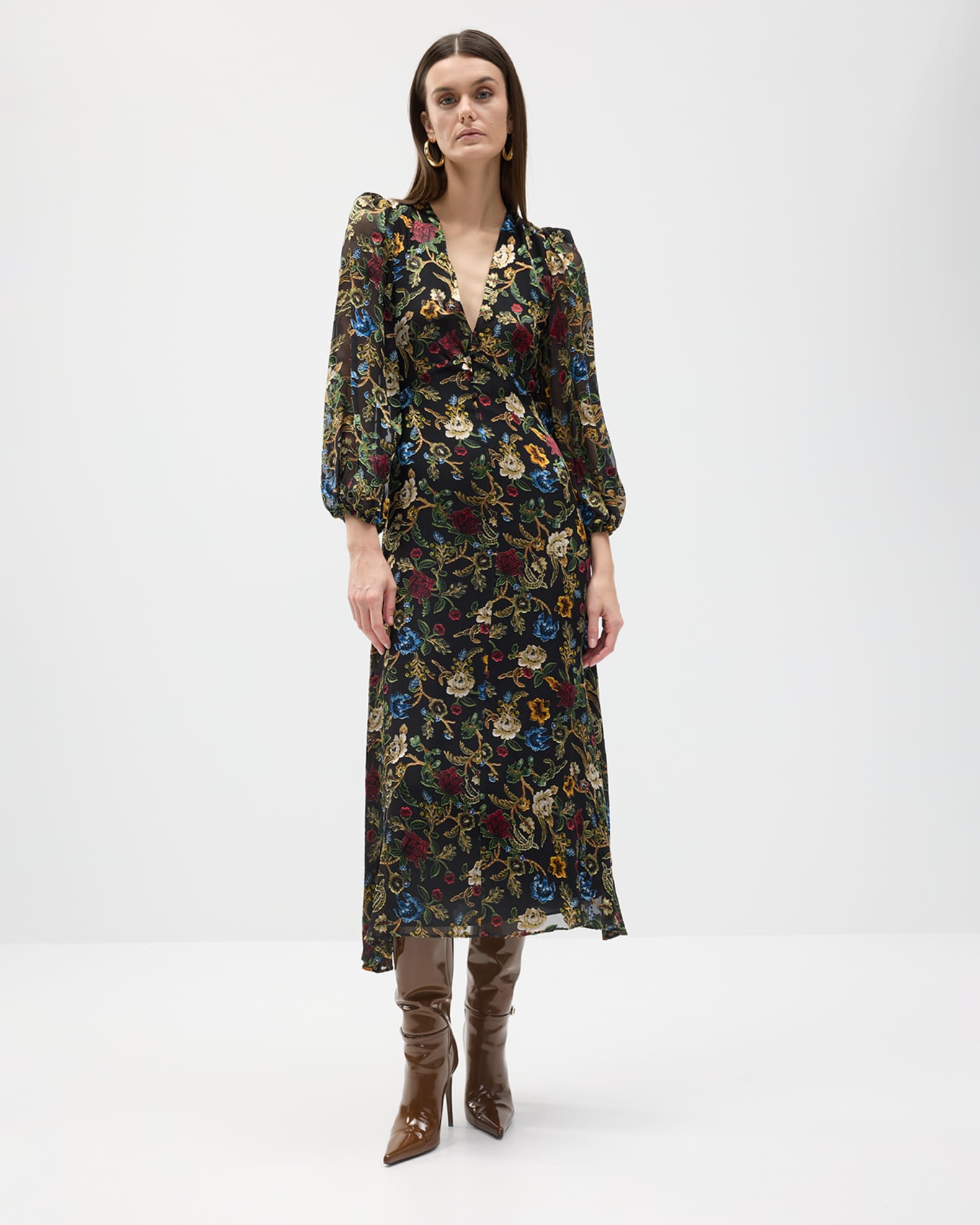ALICE + OLIVIA Mona Floral Tapestry Blouson Midi Dress | Neiman Marcus