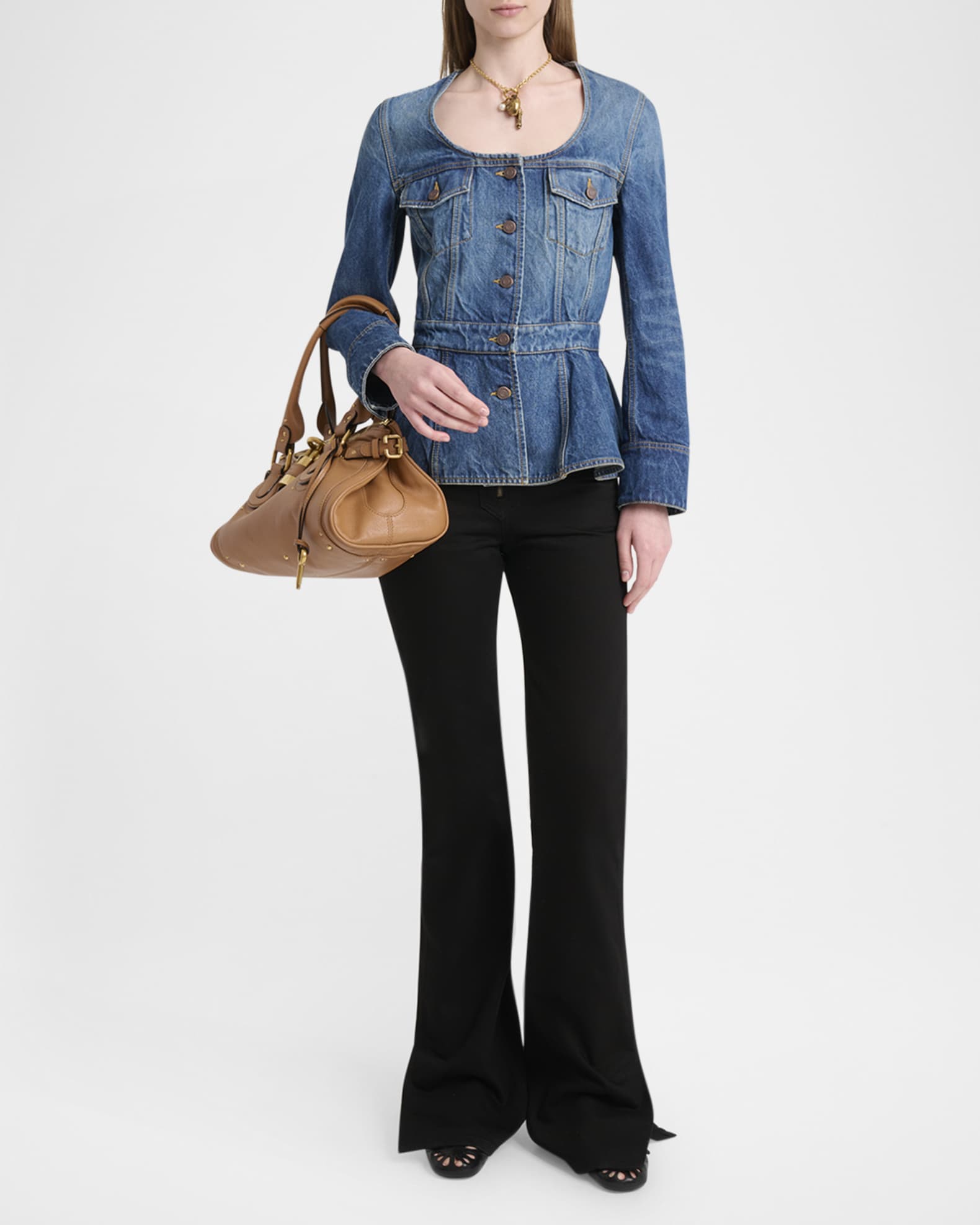 Denim Sleeveless Peplum Top And Wide Jeans Set