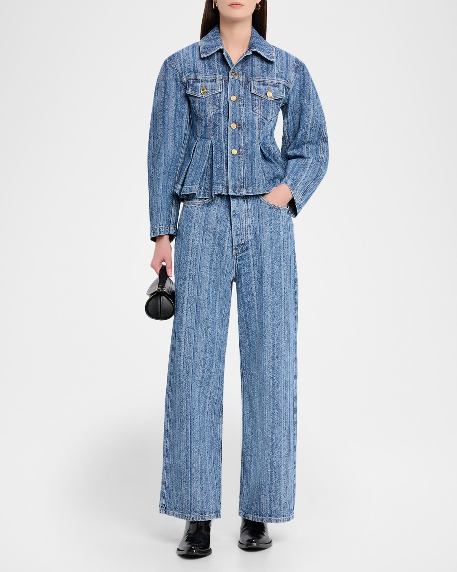 Ganni Pleated Stripe Denim Jacket | Neiman Marcus