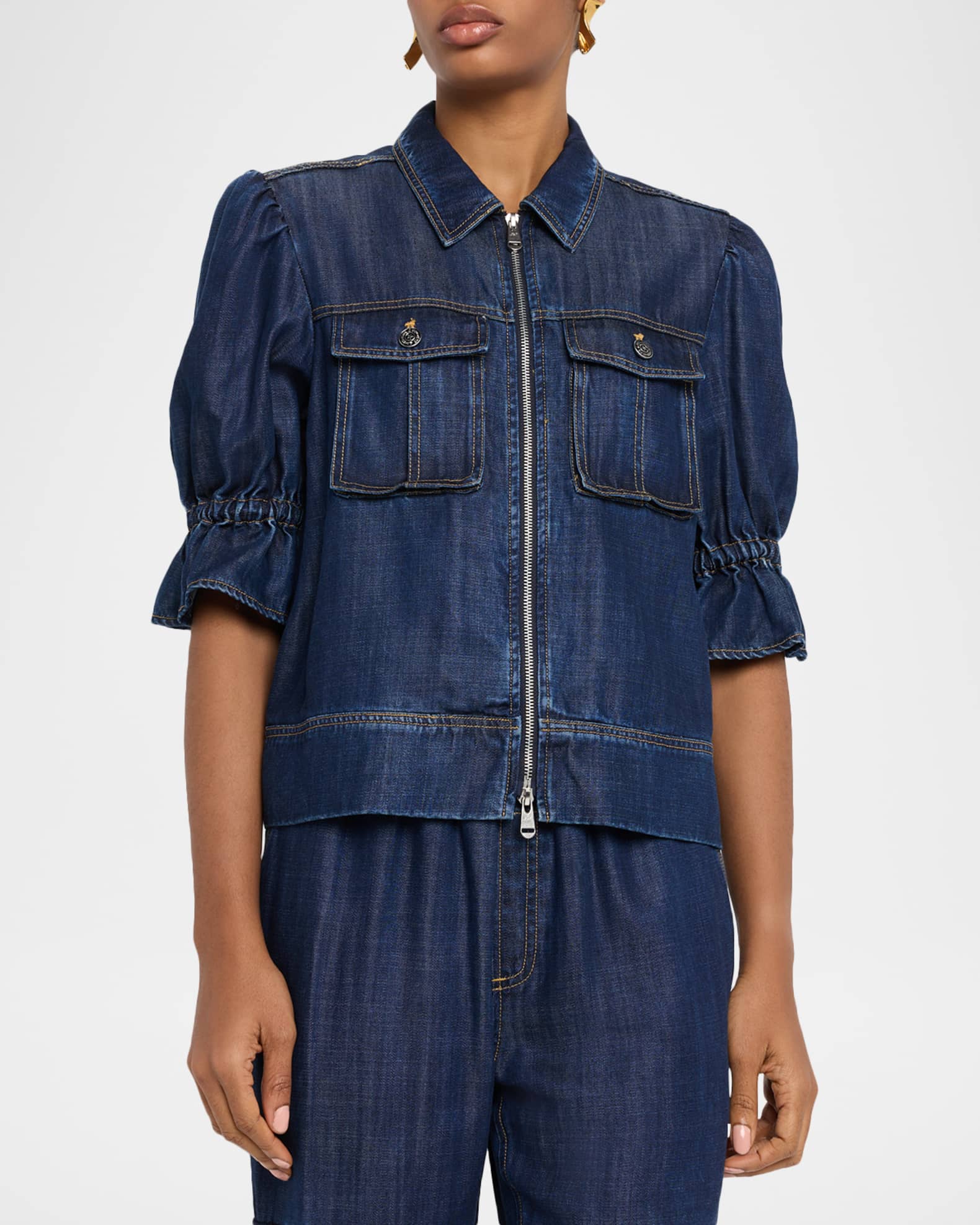 Cinq a Sept Holly Puff-Sleeve Denim Jacket | Neiman Marcus