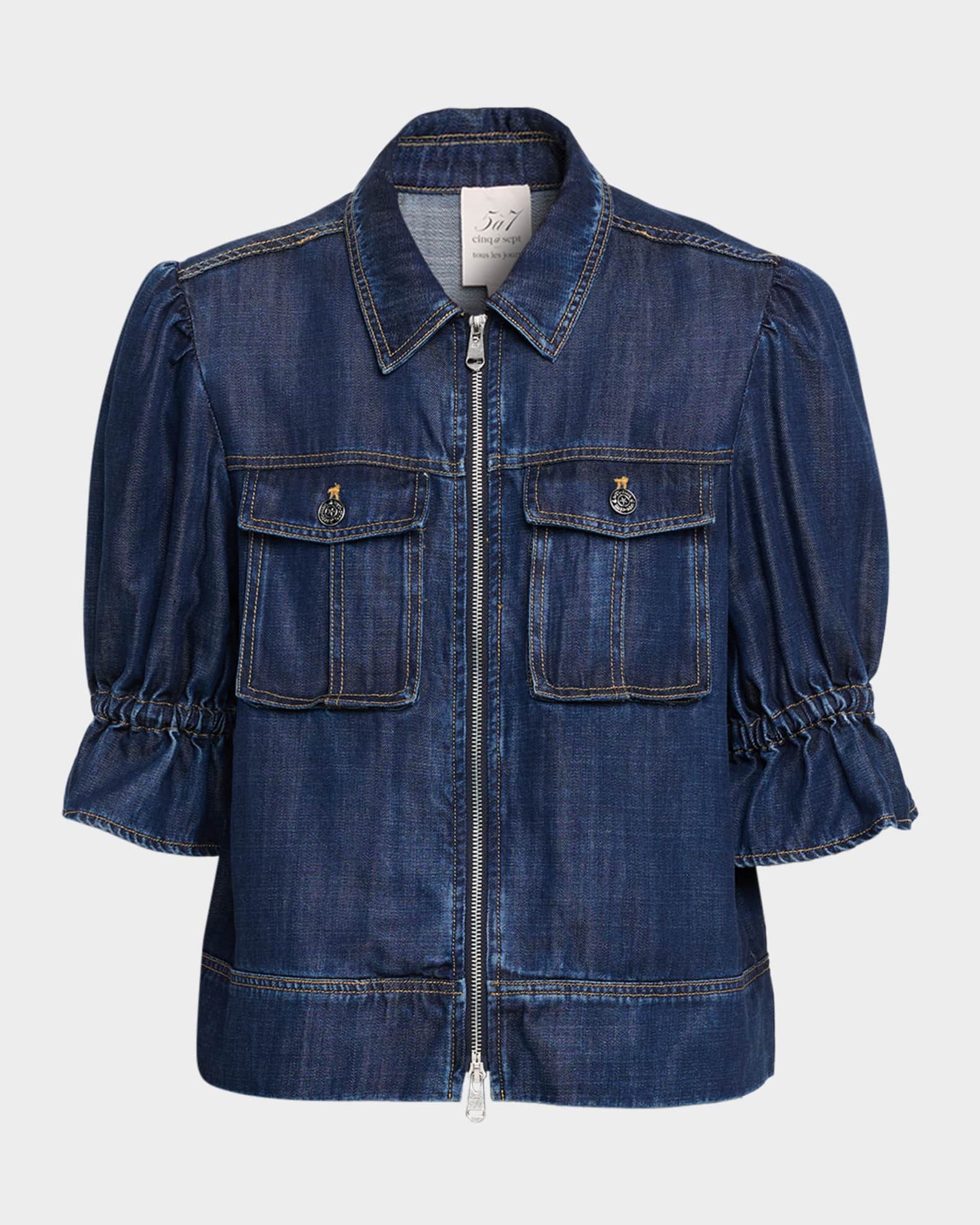 HOLIDAY PUFF SLEEVE DENIM JACKET Ⅱ Cinq a Sept Holly Puff-Sleeve Denim Jacket | Neiman Marcus