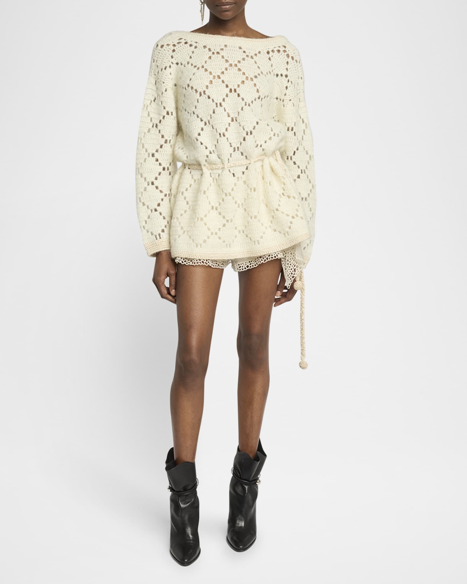 Isabel Marant Merida Belted Pointelle Knit Mini Sweater Dress