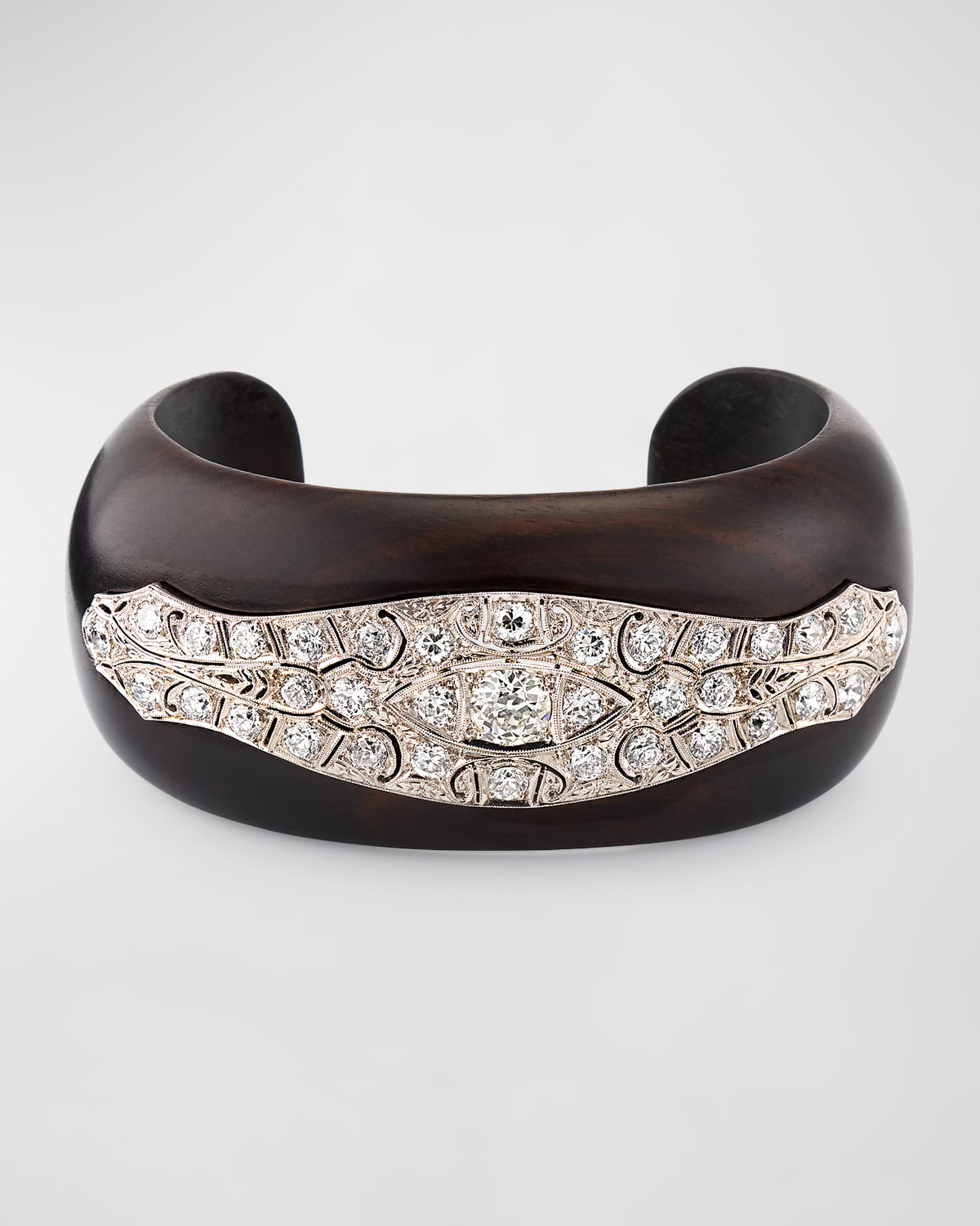 Estate Art Deco Platinum Ebony Wood Bangle Bracelet with Diamonds  0