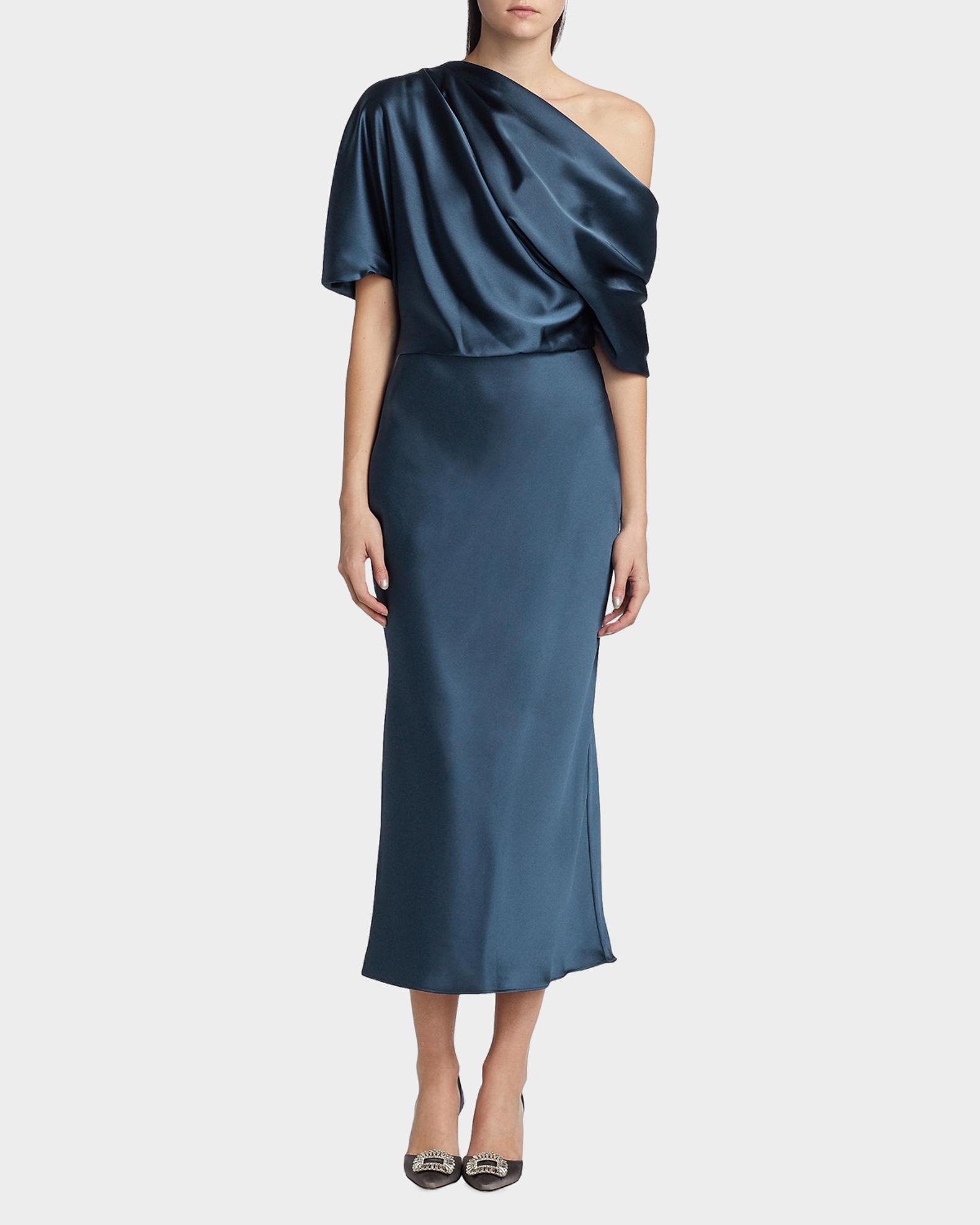 blue satin pencil dress Amsale Draped Satin Pencil Midi-Dress French Blue