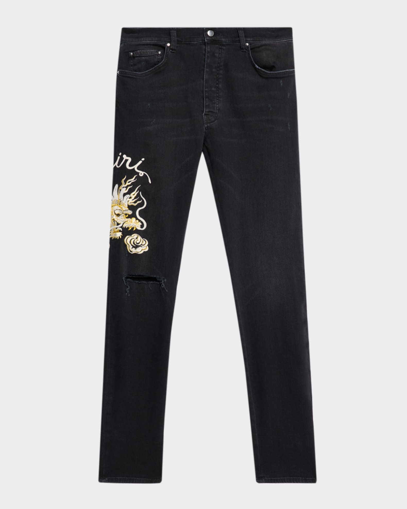 Amiri Men's Dragon Repair Slim-Fit Distressed Denim Jeans | Neiman