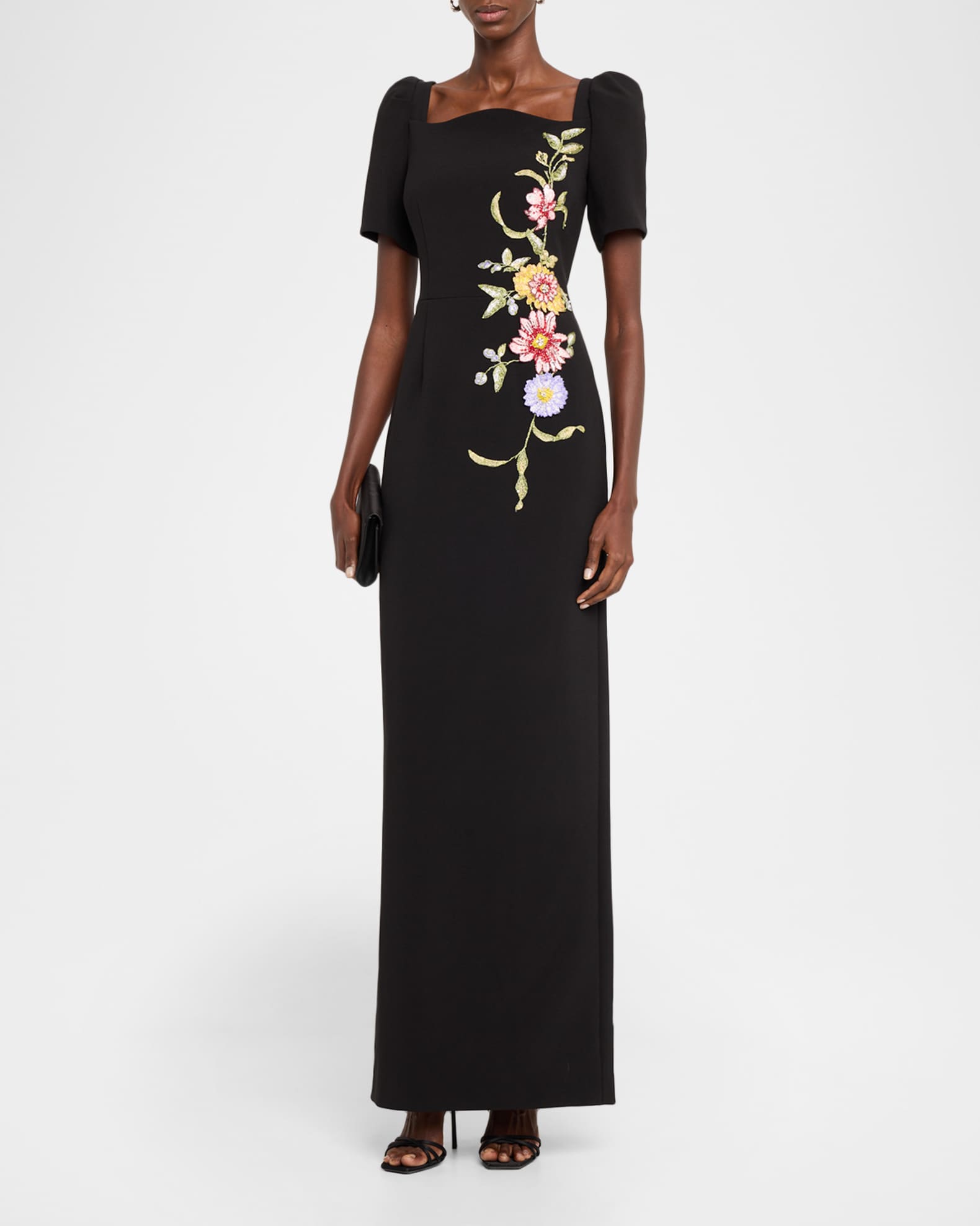 Rickie Freeman for Teri Jon Scalloped Crepe Short-Sleeve Embroidered ...