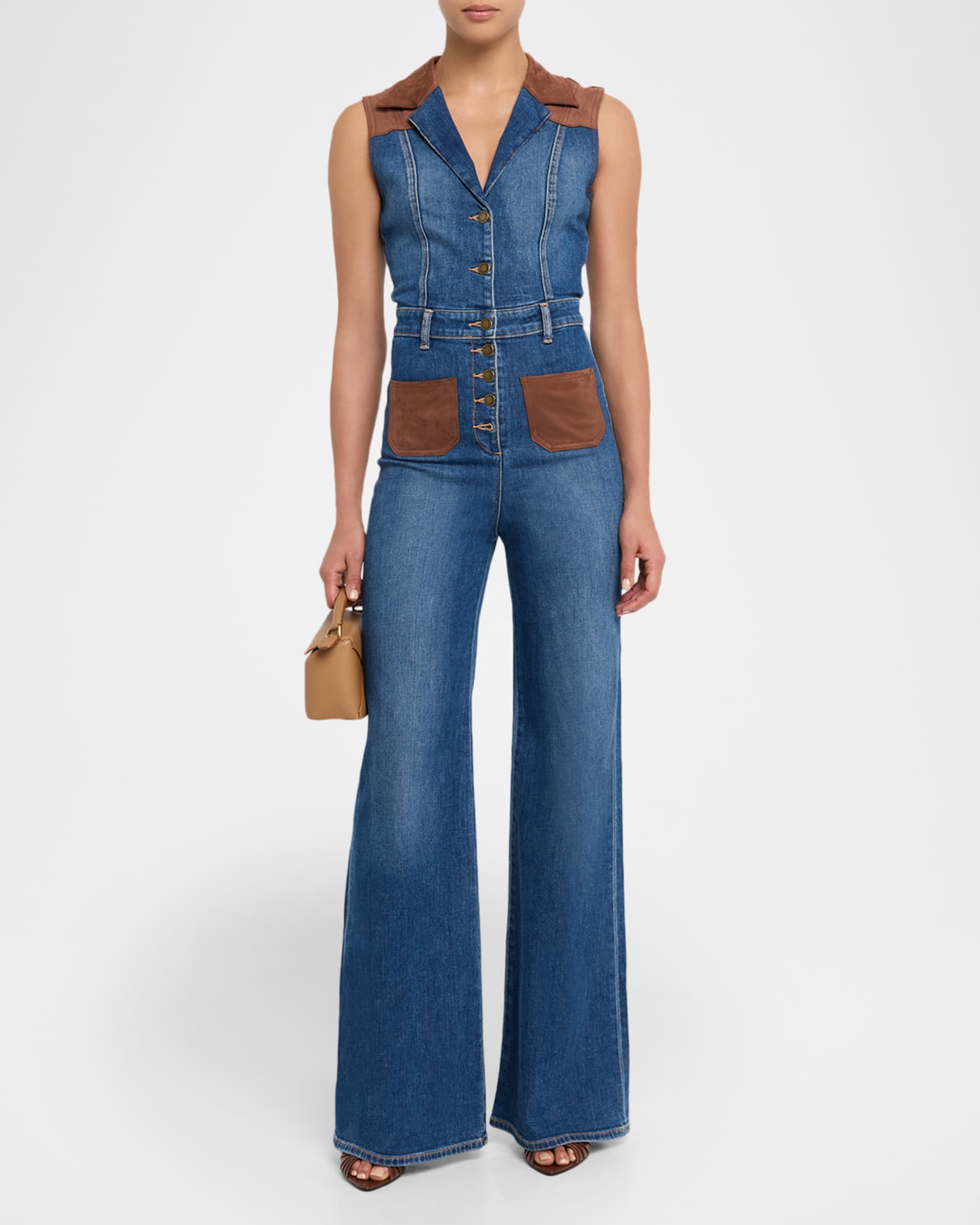 Claudette Faux Suede Trim Denim Jumpsuit