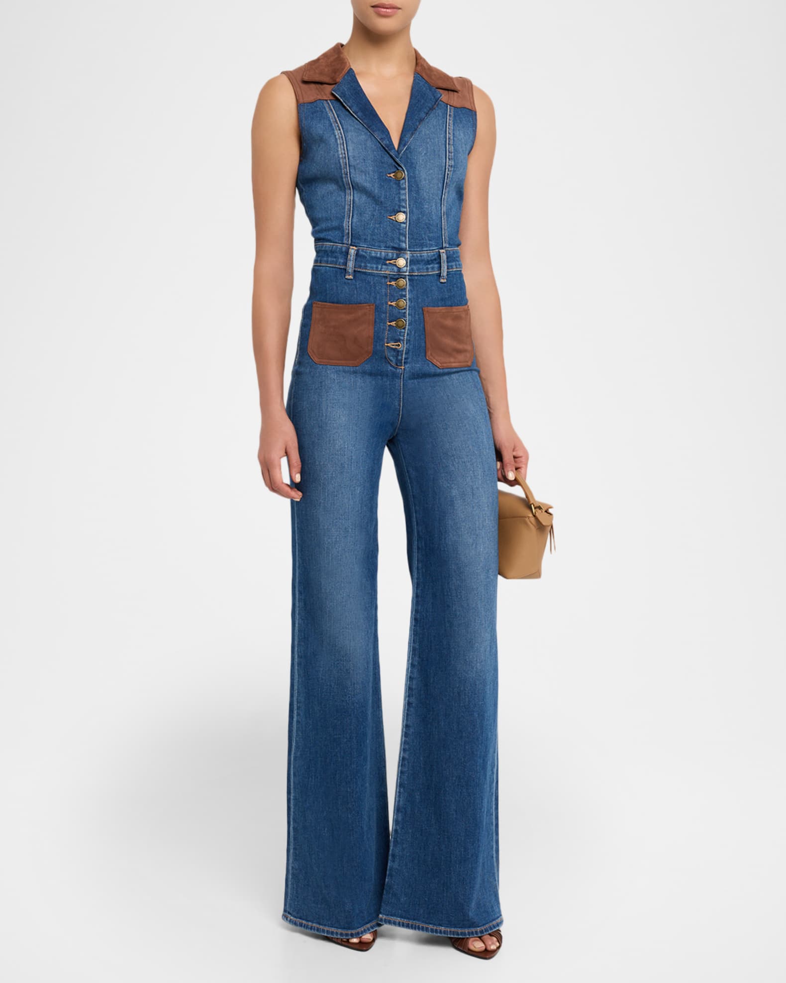 Claudette Faux Suede Trim Denim Jumpsuit