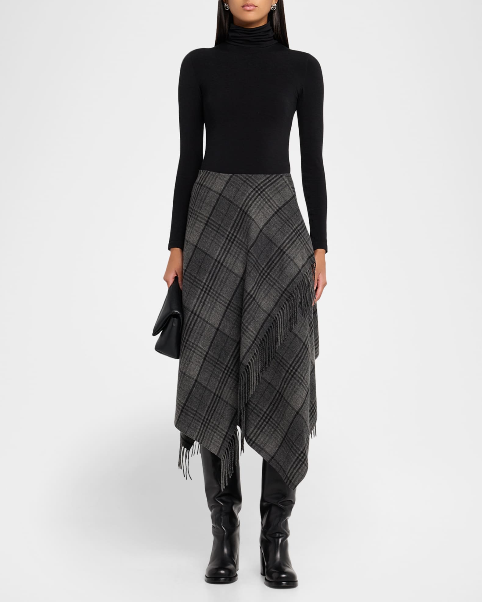 Fringed Plaid Wrap Midi Skirt