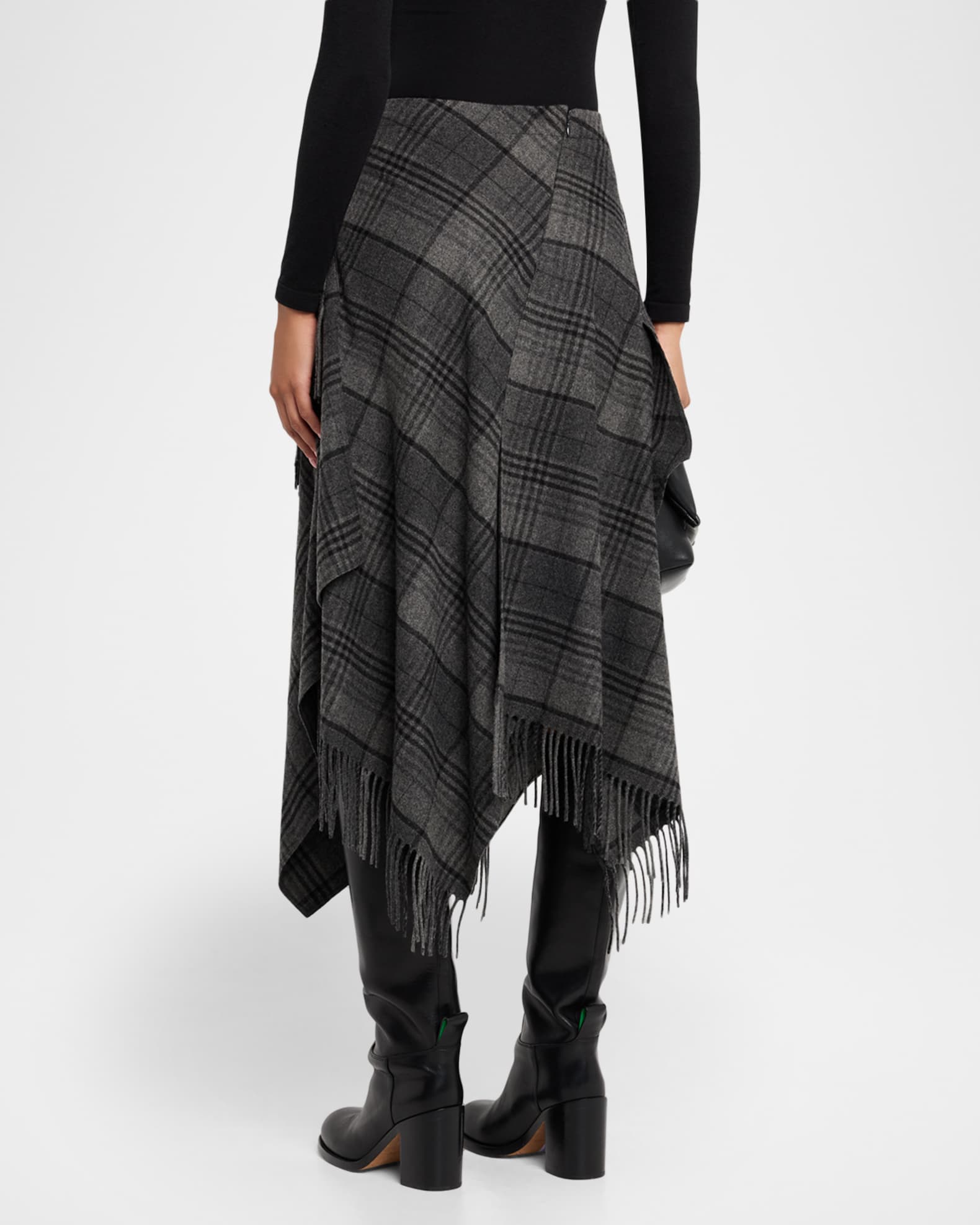 Fringed Plaid Wrap Midi Skirt